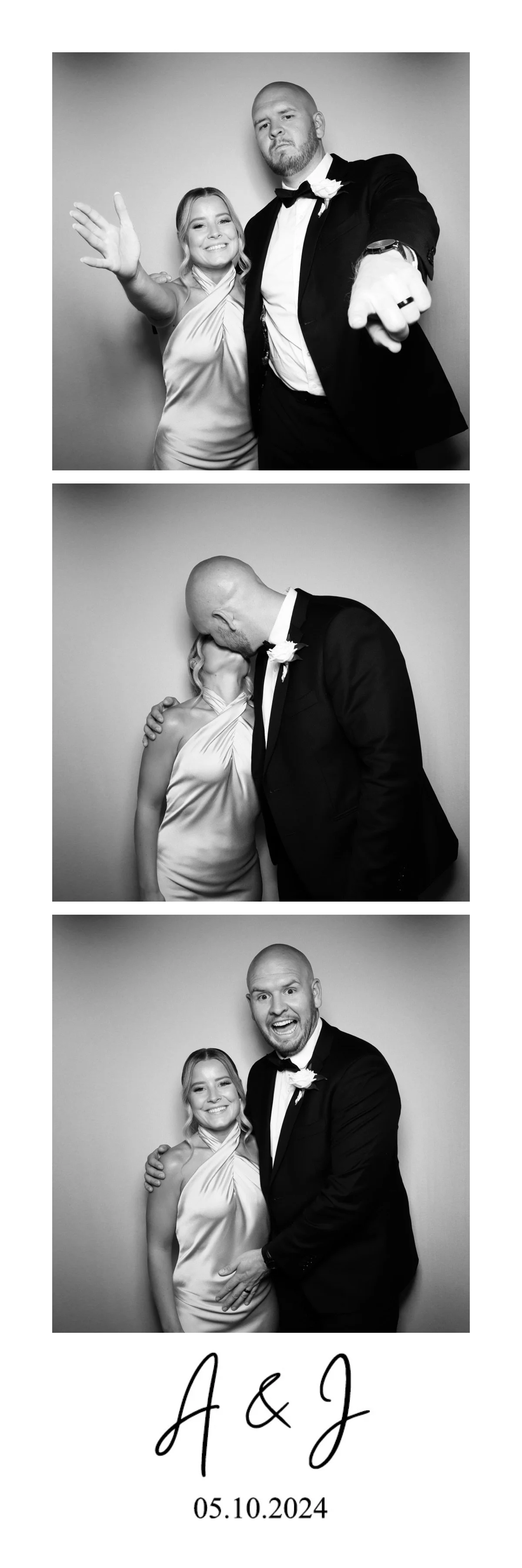 A black and white photo strip showing a couple in formal attire. The woman is in a satin dress and the man is in a tuxedo with a boutonniere. In the first photo, they are smiling and making playful gestures. In the second, they are kissing. In the th
