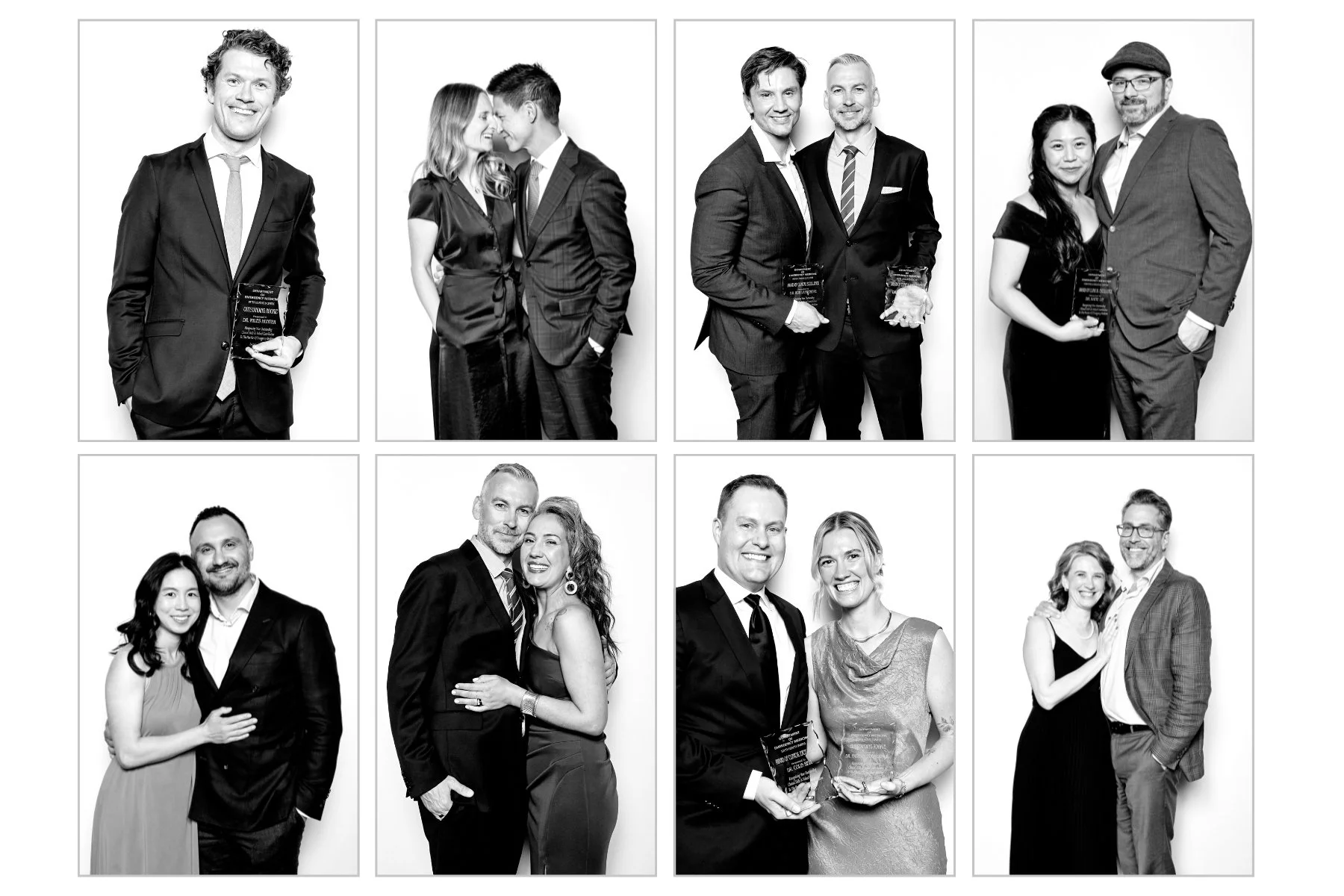 Black and white portraits of gala attendees from a studio photography booth