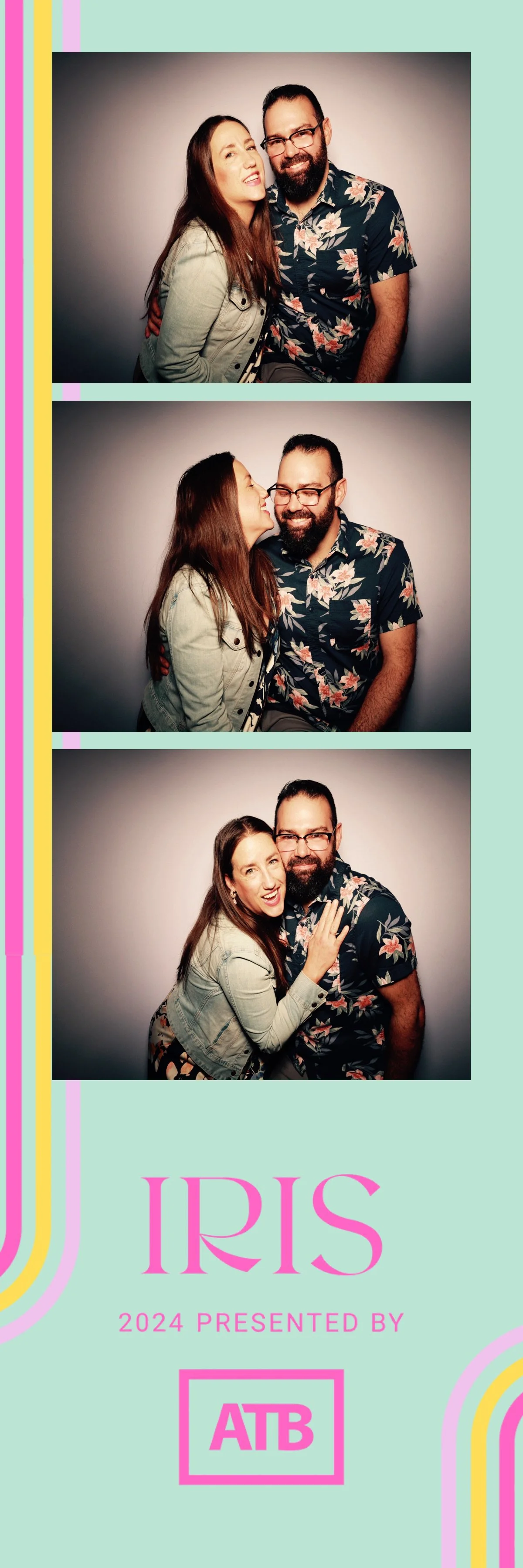 Three photos of a woman and a man, posing together against a plain background. In the first, they are close, smiling at the camera. In the second, the woman is kissing the man's cheek, smiling. In the third, they are hugging, smiling widely. The bott