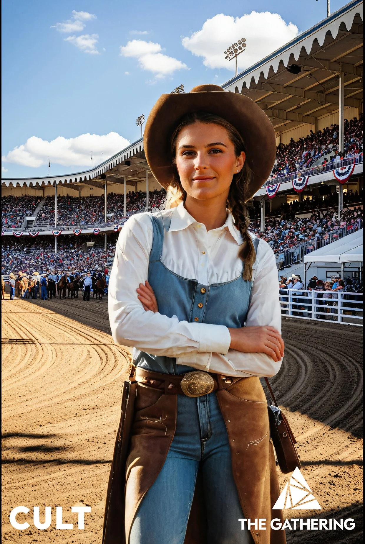 A young woman dressed as a cowgirl standing with arms crossed on a racetrack, with a large crowd in the stands behind her and a clear blue sky overhead.