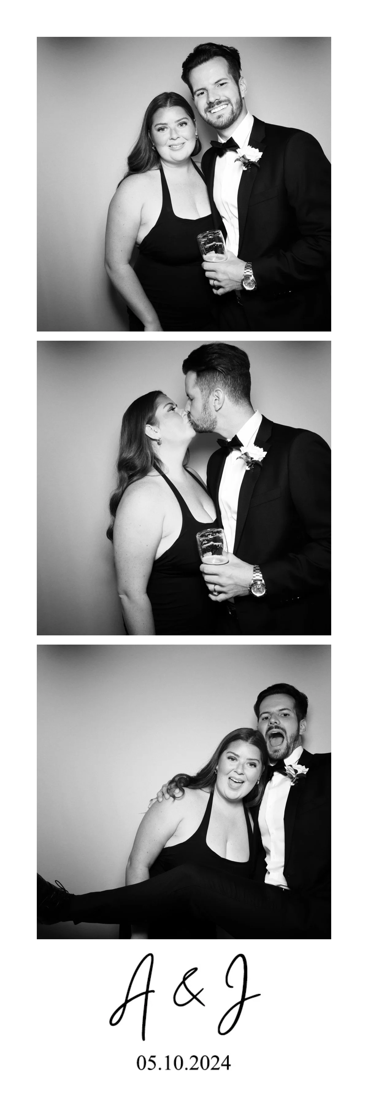 A three-panel photo booth strip in black and white featuring a couple in formal attire. The first panel shows them smiling together, the second panel shows them kissing, and the third panel shows them playfully smiling and laughing with one of them b