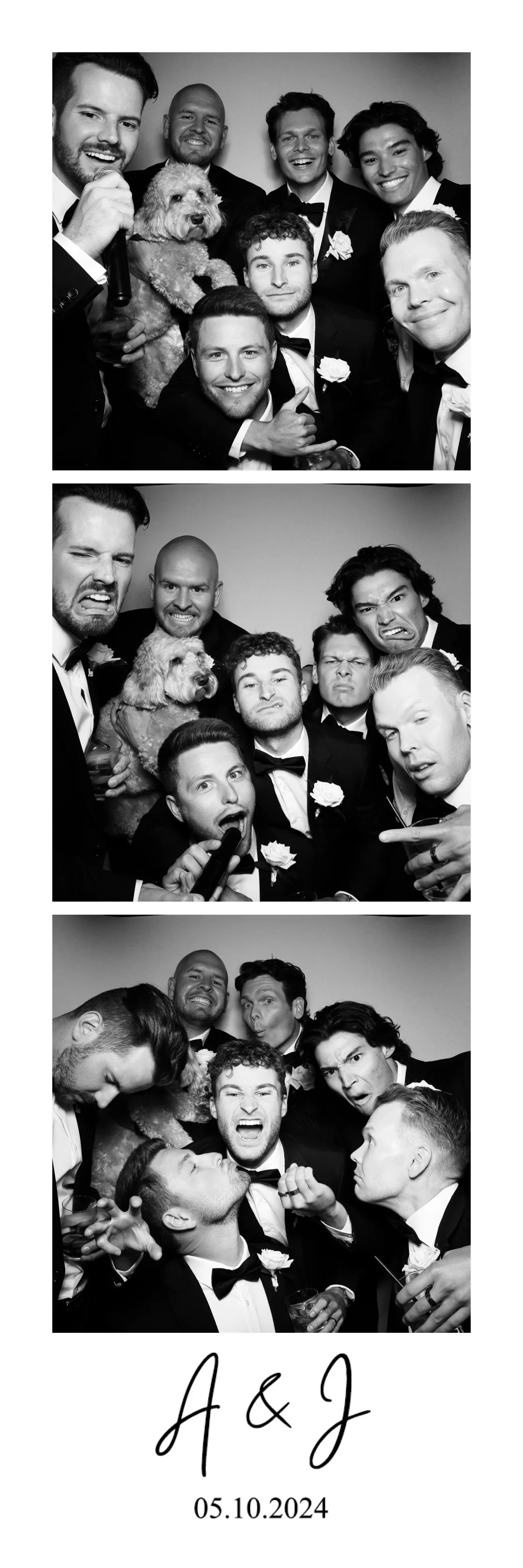 Black and white photo booth strip showing a group of men in tuxedos with a dog. In the first photo, they are smiling and posing, and in the second, they are making funny faces. The third photo captures humorous reactions and interactions among the me