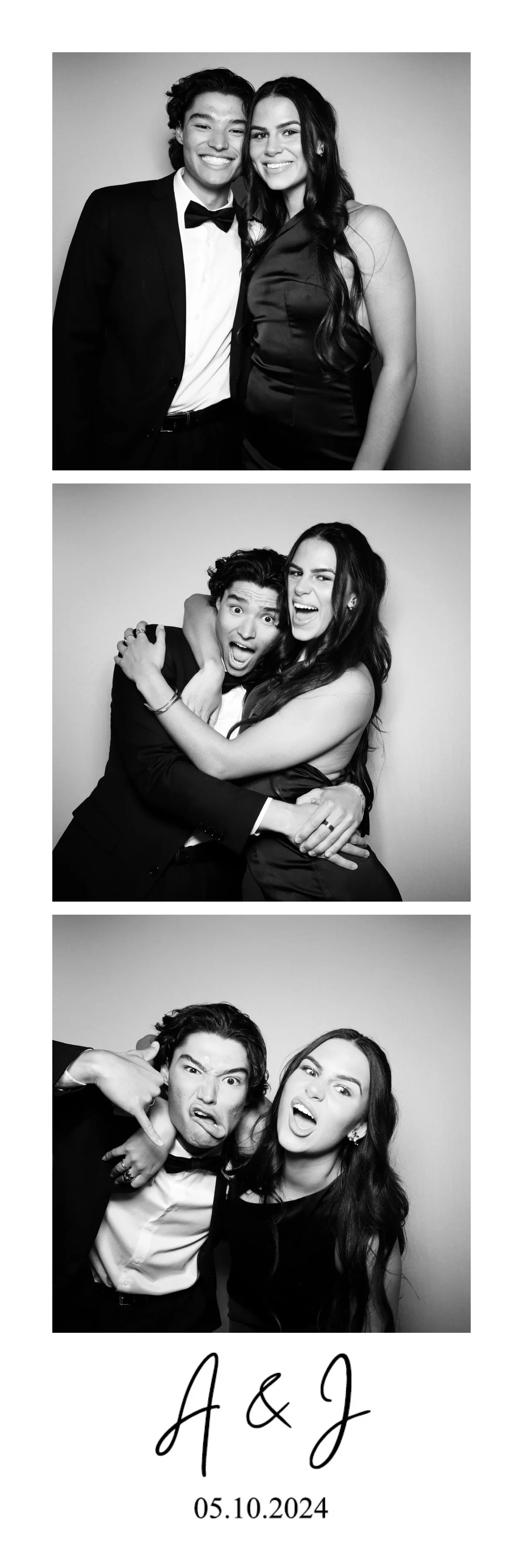 Three black-and-white photo booth images of a young man and woman at a formal event, showing different playful expressions. The bottom has text reading "A & J" and a date "05.10.2024."