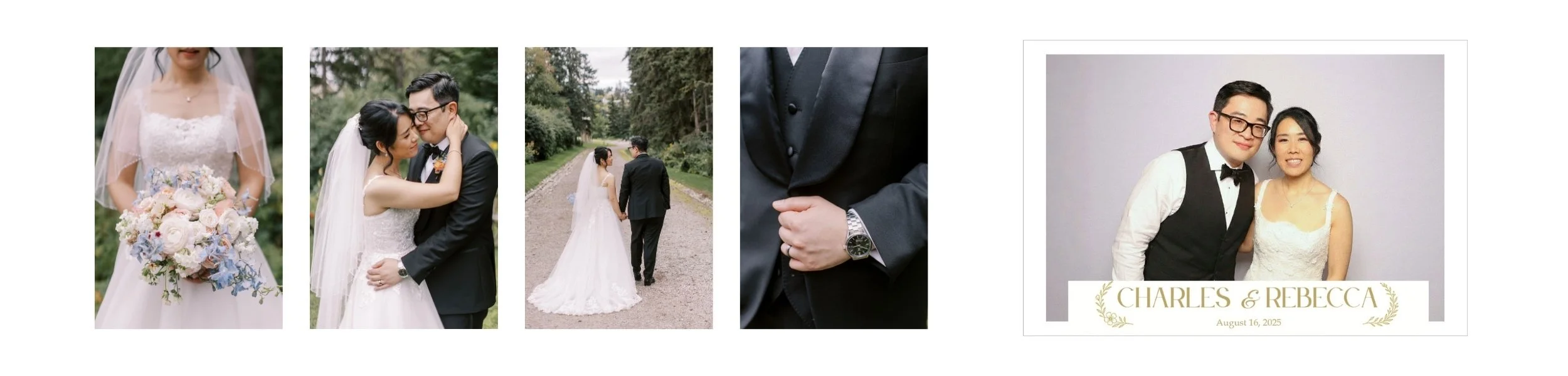 Wedding photo collage featuring bride and groom, images of the couple walking, a close-up of the groom's hand and tuxedo, and a wedding announcement with their names and date.