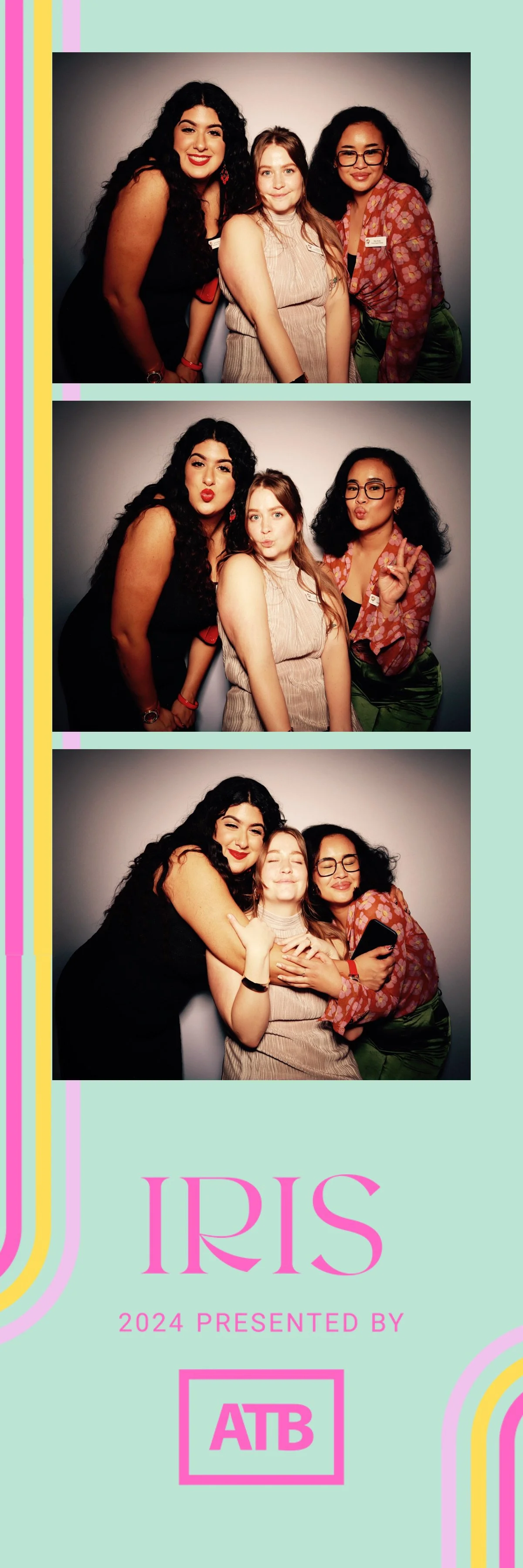A photo booth strip showing three women, first smiling, second making playful faces, and third hugging and holding a phone, at the Iris event 2024 presented by ATB.