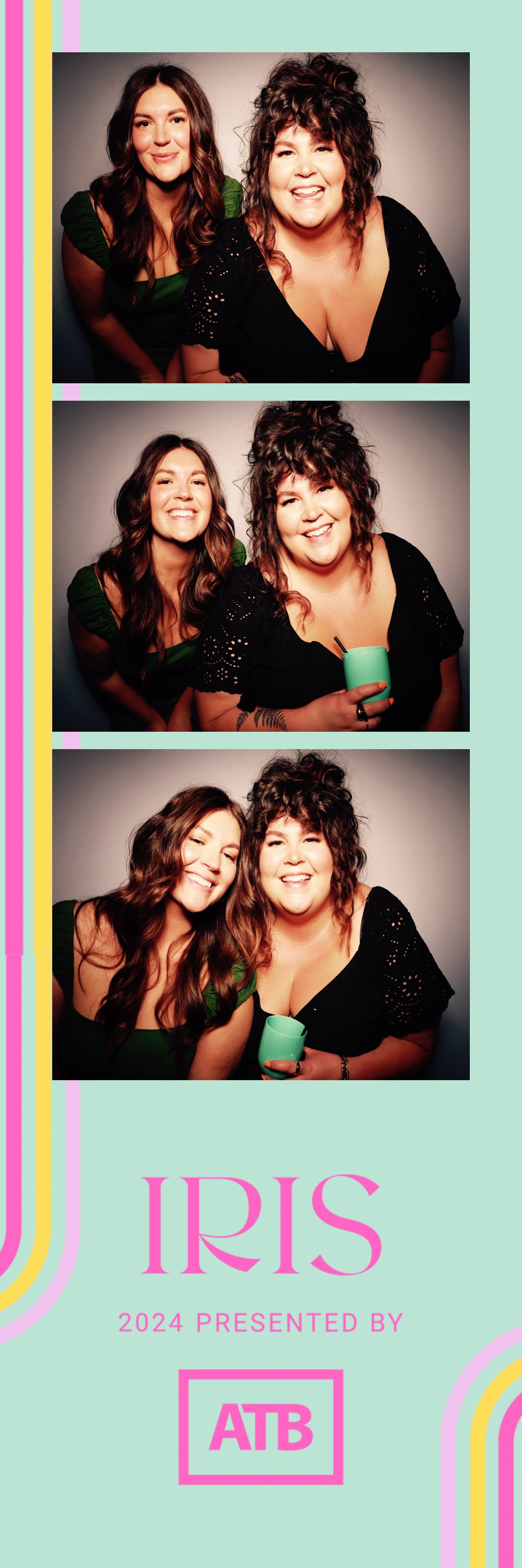 Three women smiling in a photo booth with a pastel background. The top and middle images show two women, one with long hair wearing a green dress, and the other with curly hair wearing a black dress. The woman in black is holding a green cup in the m