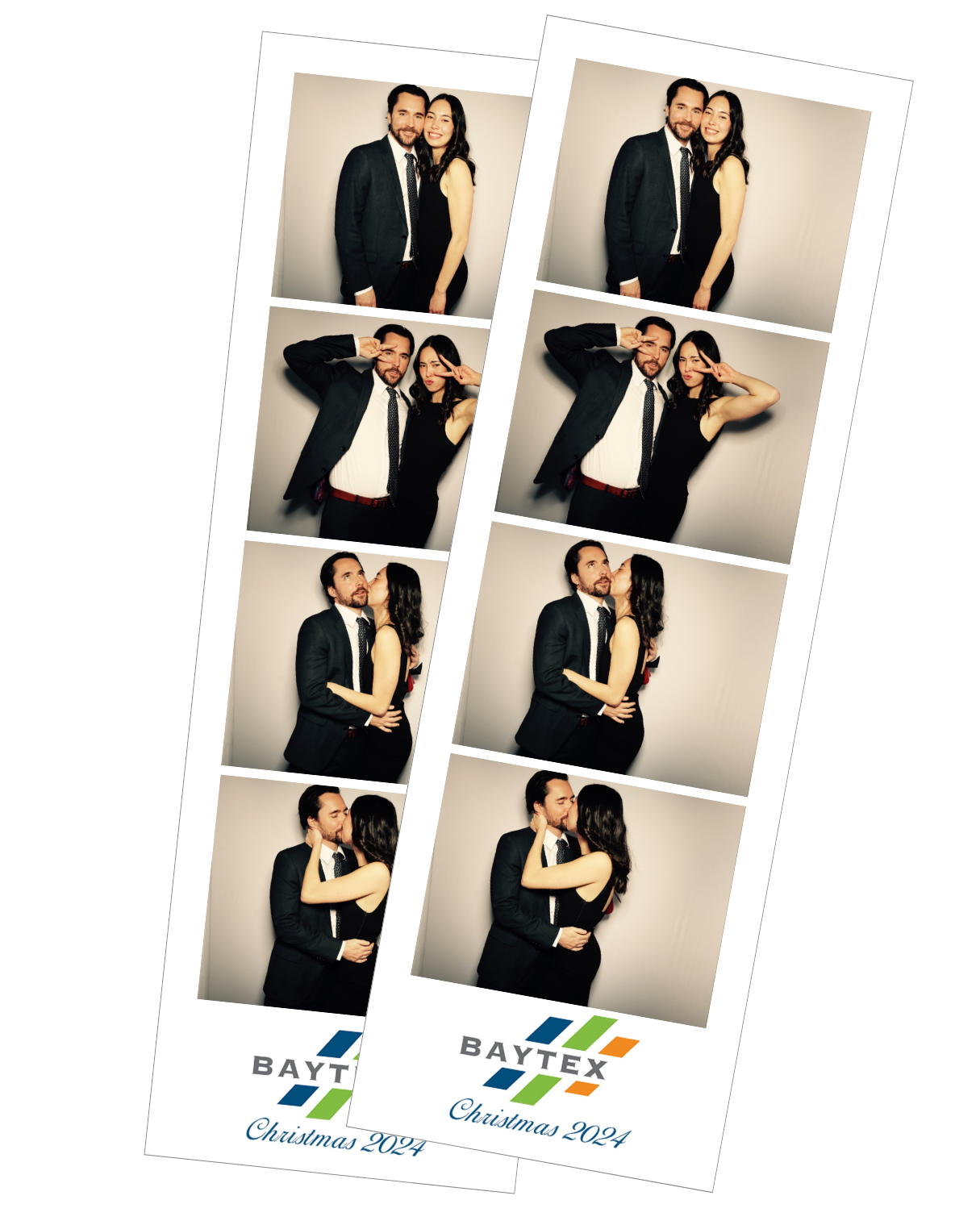 Two photo booth printouts featuring a man and woman in formal attire, posing together at a Christmas event in 2024, with playful expressions and kisses.