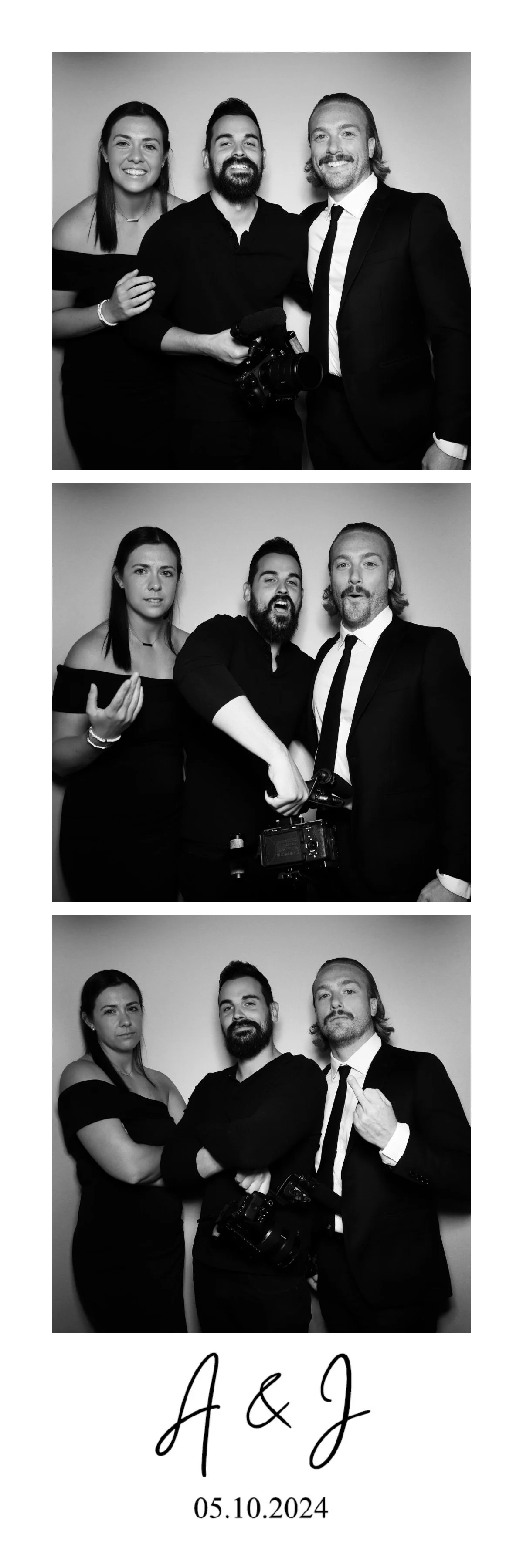 Series of three black-and-white photo booth-style pictures of three friends at a wedding, with the date 05.10.2024 and initials A & J at the bottom.