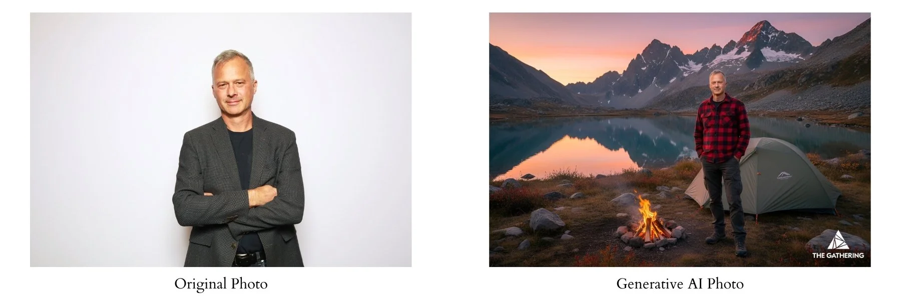 a generative ai photo booth inserts an attendee into a realistic mountain scene at sunrise