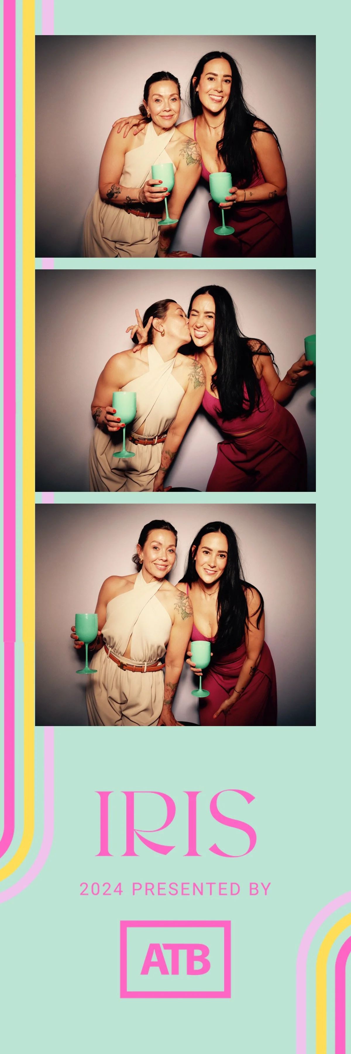 Three photo booth pictures of two women celebrating with green glasses. In the first picture, they stand side by side smiling, with one woman's arm around the other. In the second picture, they share a kiss on the cheek as they smile. In the third pi