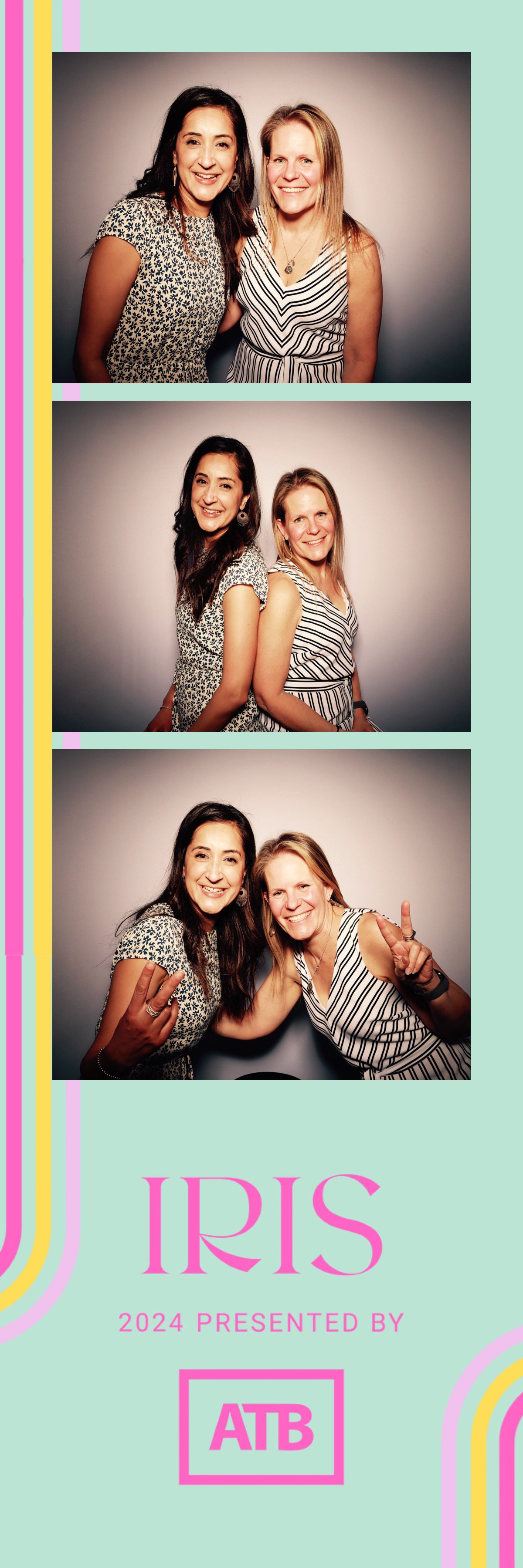 Three photo booth pictures of two women smiling and having fun, with the event "IRIS 2024 presented by ATB" logo and branding in pastel colors at the bottom.