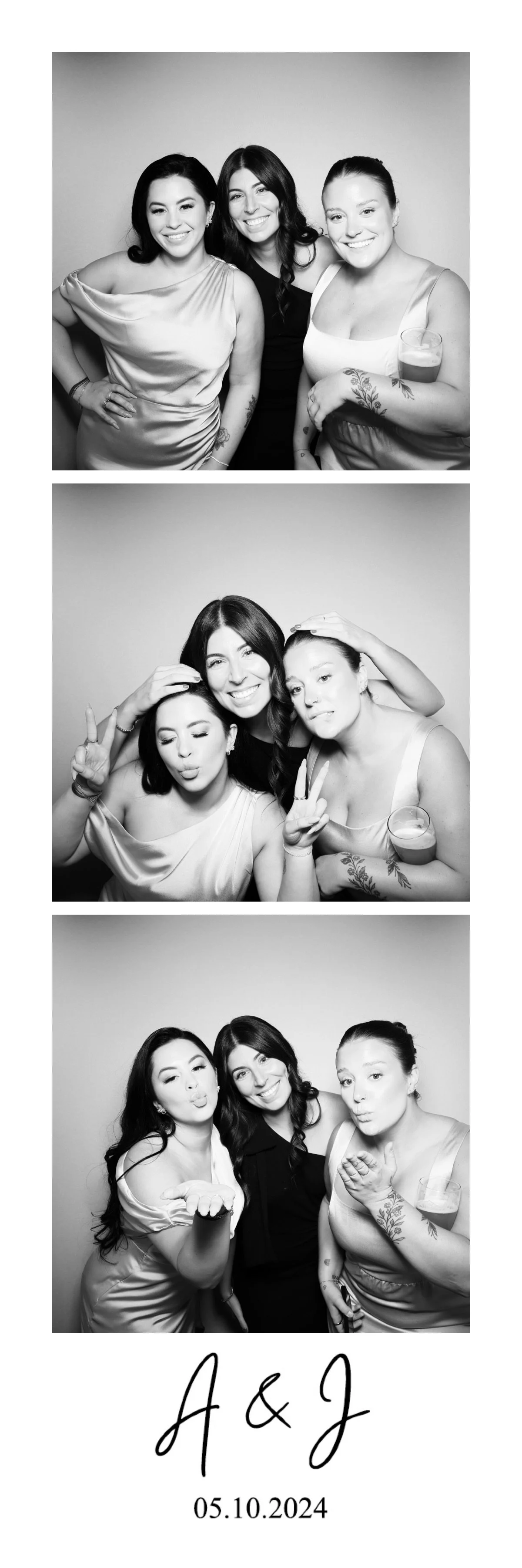 Black and white photo booth strip featuring three women making funny faces and kissing, with initials 'A & J' and date '05.10.2024' at the bottom.