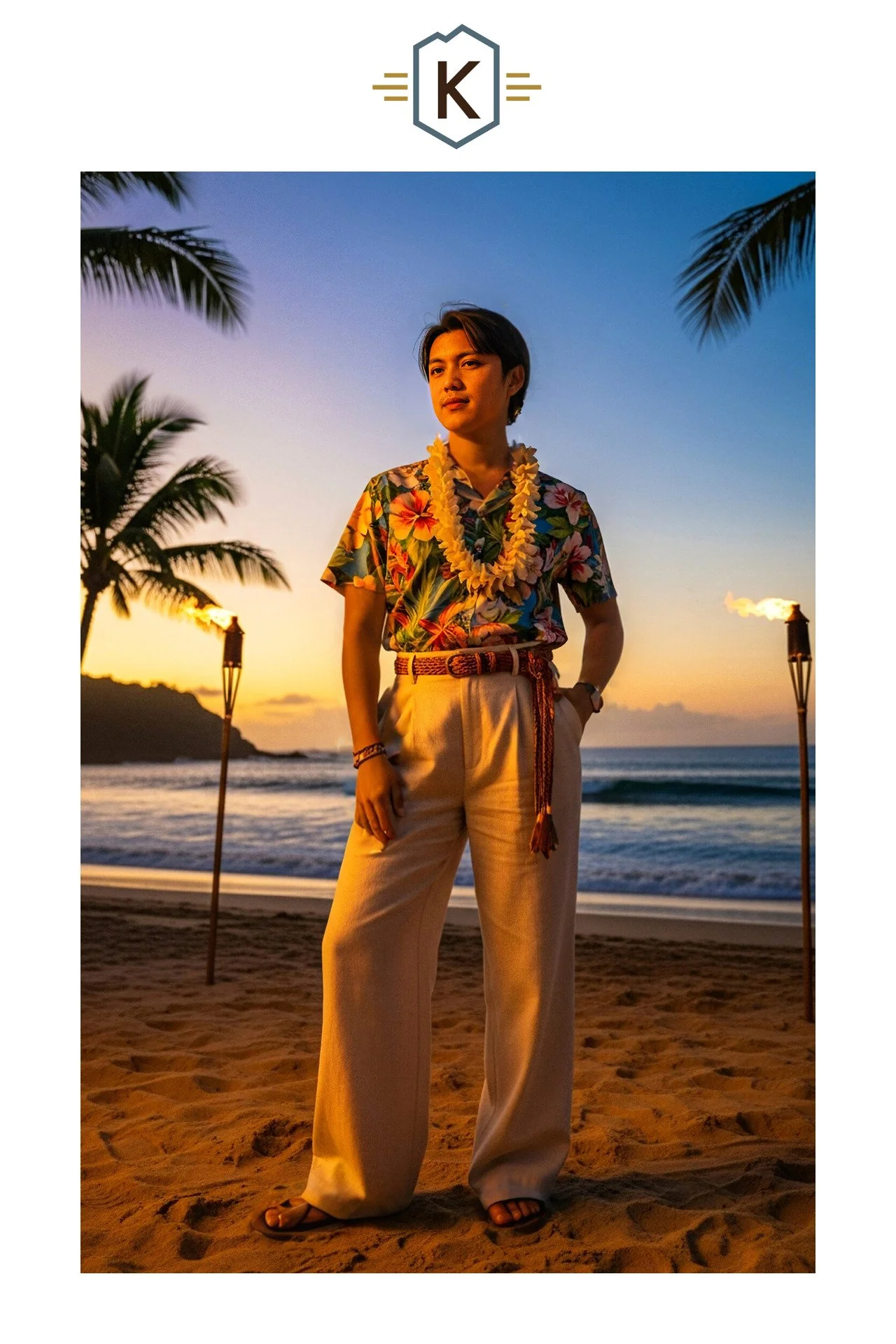 A young person standing on a beach at sunset, wearing a colorful Hawaiian shirt, beige wide-leg pants, a floral lei, and sandals, with tiki torches and palm trees in the background.