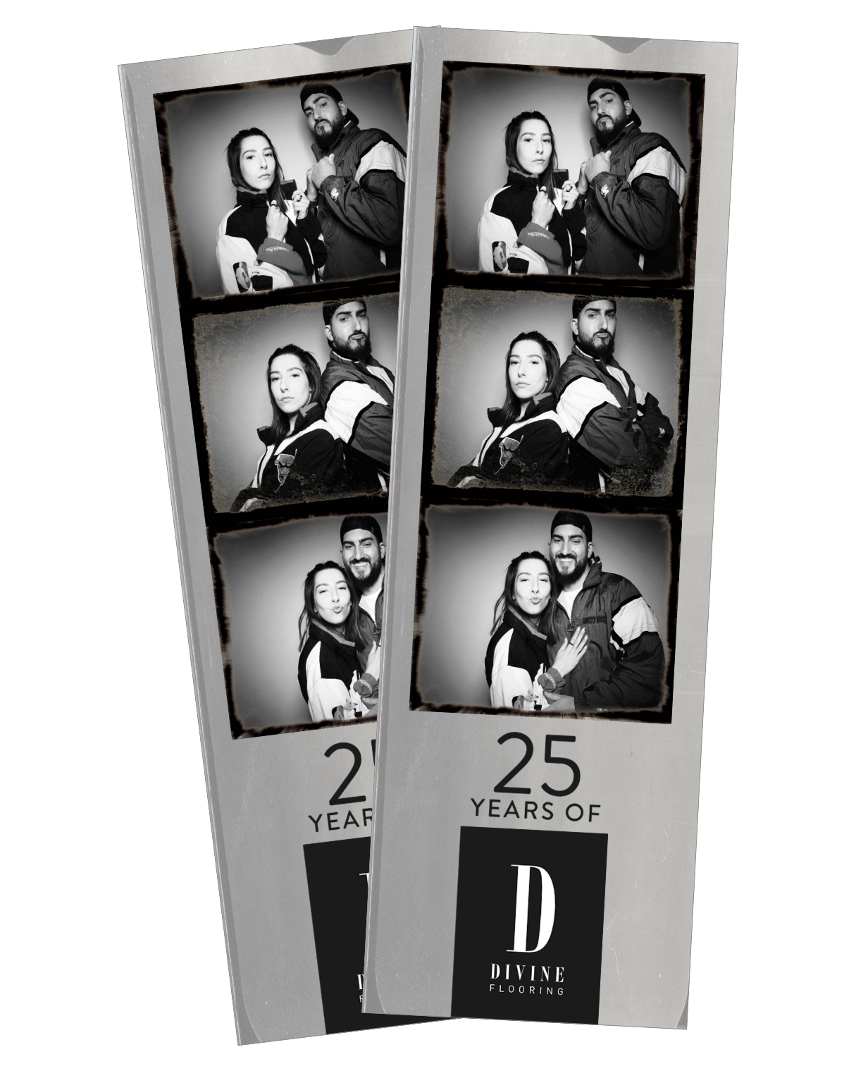 Two photo booth strips celebrating 25 years of Divine Flooring, featuring four black-and-white photos of a man and woman in matching jackets making various expressions and poses.