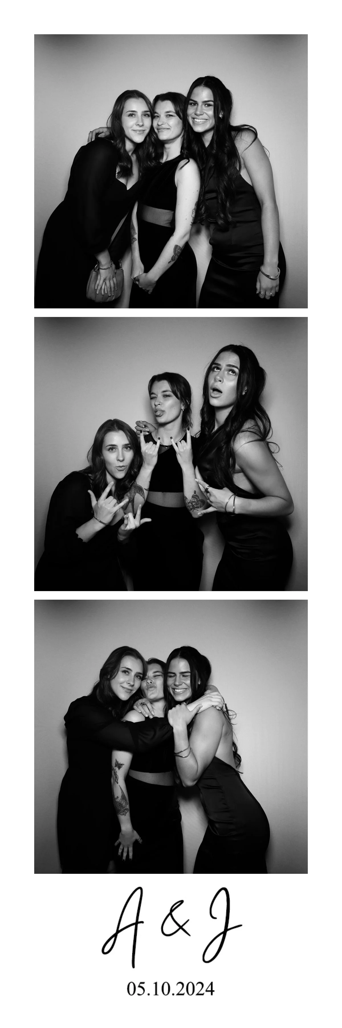 Black and white photo booth strip featuring three women making playful and affectionate gestures, with a date and initials at the bottom.