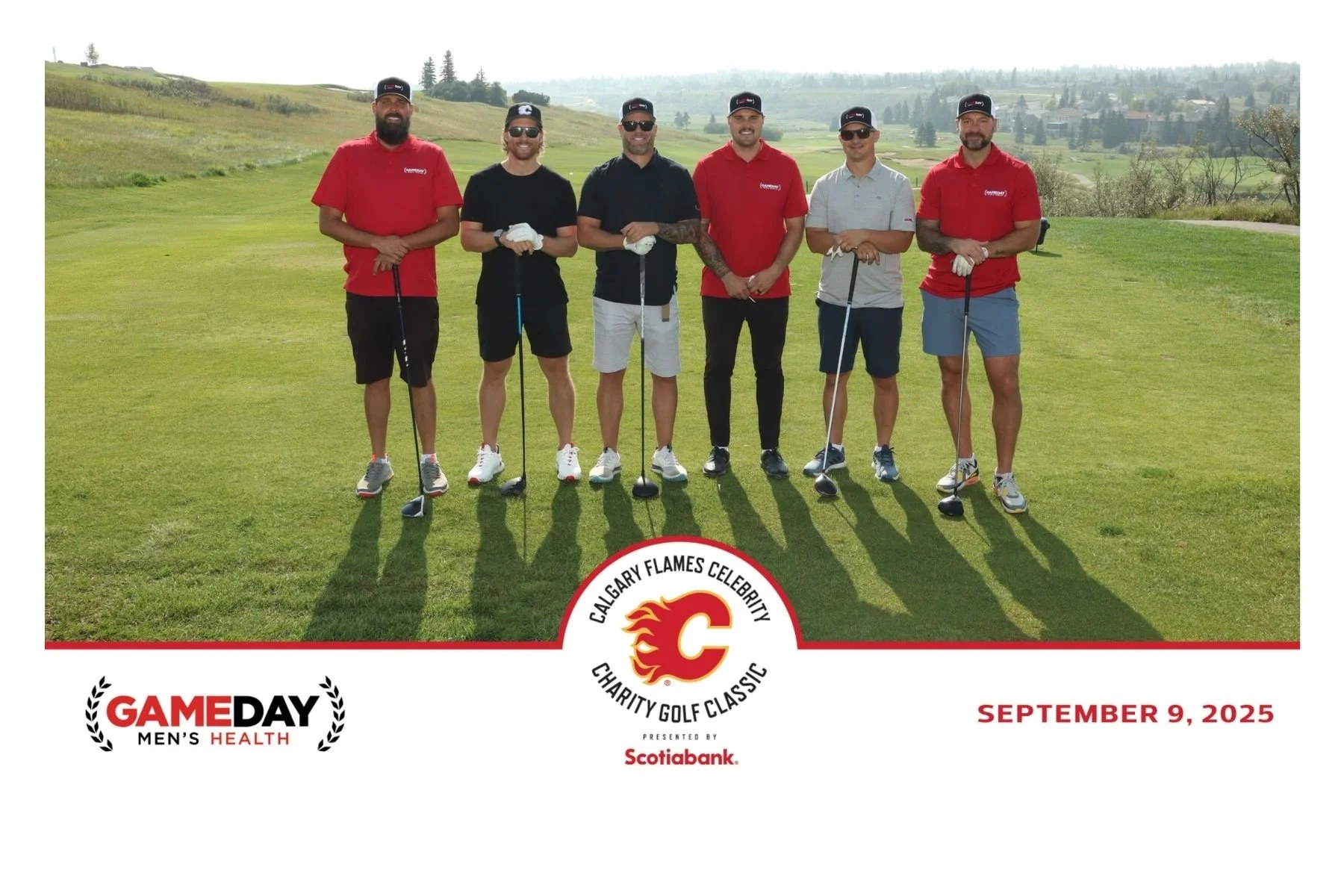 Seven men standing on a golf course holding golf clubs, with a scenic background, promoting the Calgary Flames Charity Golf Classic on September 9, 2025, presented by Scotiabank, part of Women's Health Game Day.