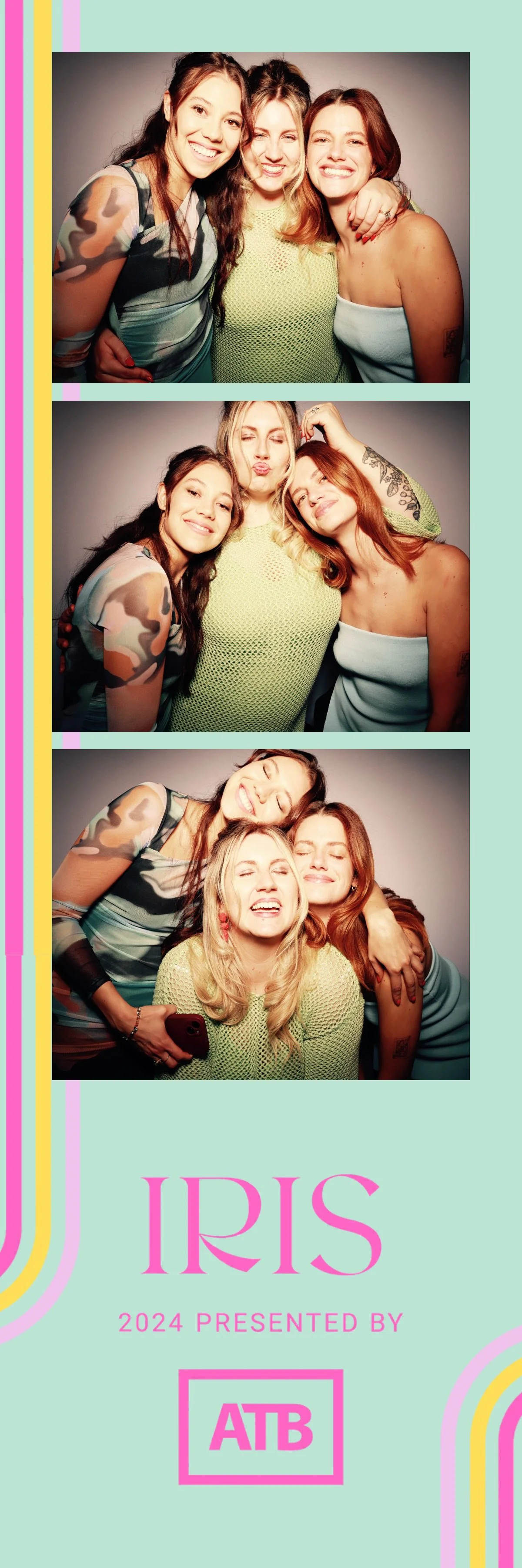 Three women taking selfies in photo booth style, smiling and making various expressions, with a pastel-colored banner featuring the text 'IRIS 2024 presented by ATB' at the bottom.