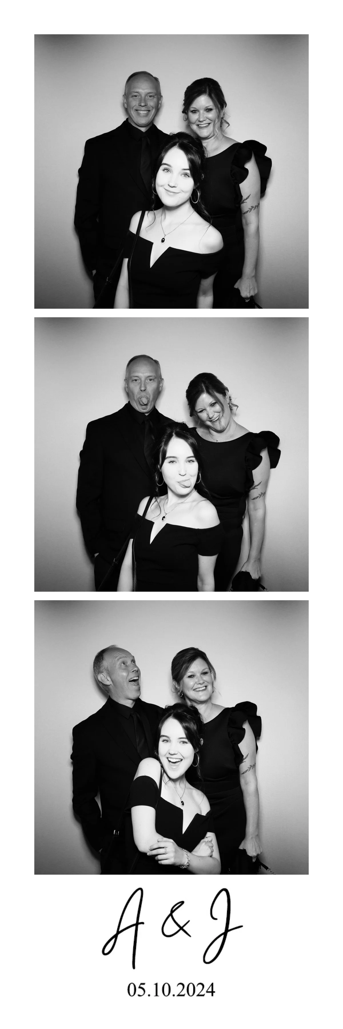 Three black and white photo booth images of three people in formal attire against a plain background. In all photos, a man with short hair, a woman with short hair and a woman with long dark hair are together. The last image includes a handwritten te