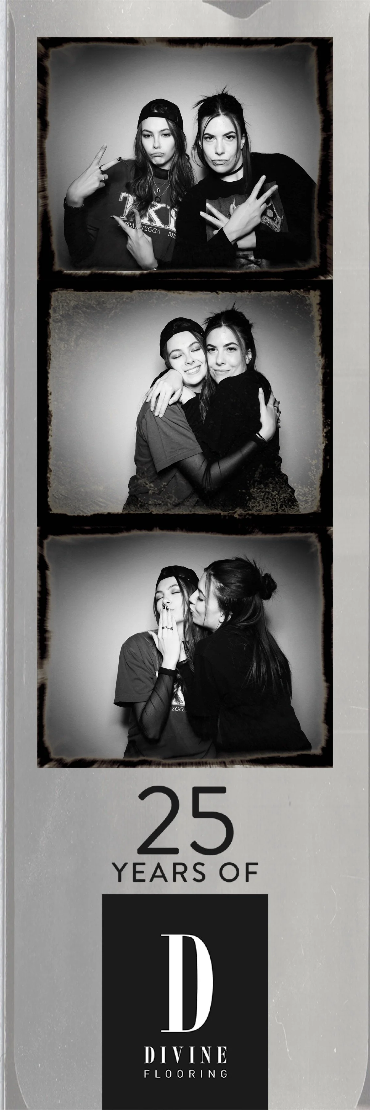 Three black-and-white photo booth strips showing two young women making different expressions and gestures, celebrating 25 years of Divine Flooring.