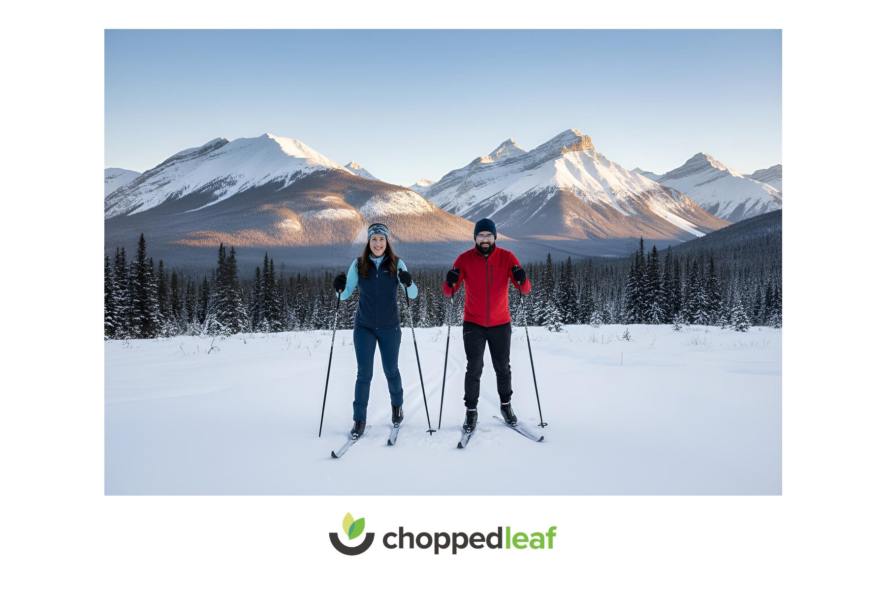 A man and woman skiing on snow-covered ground with snow-capped mountains and pine trees in the background.