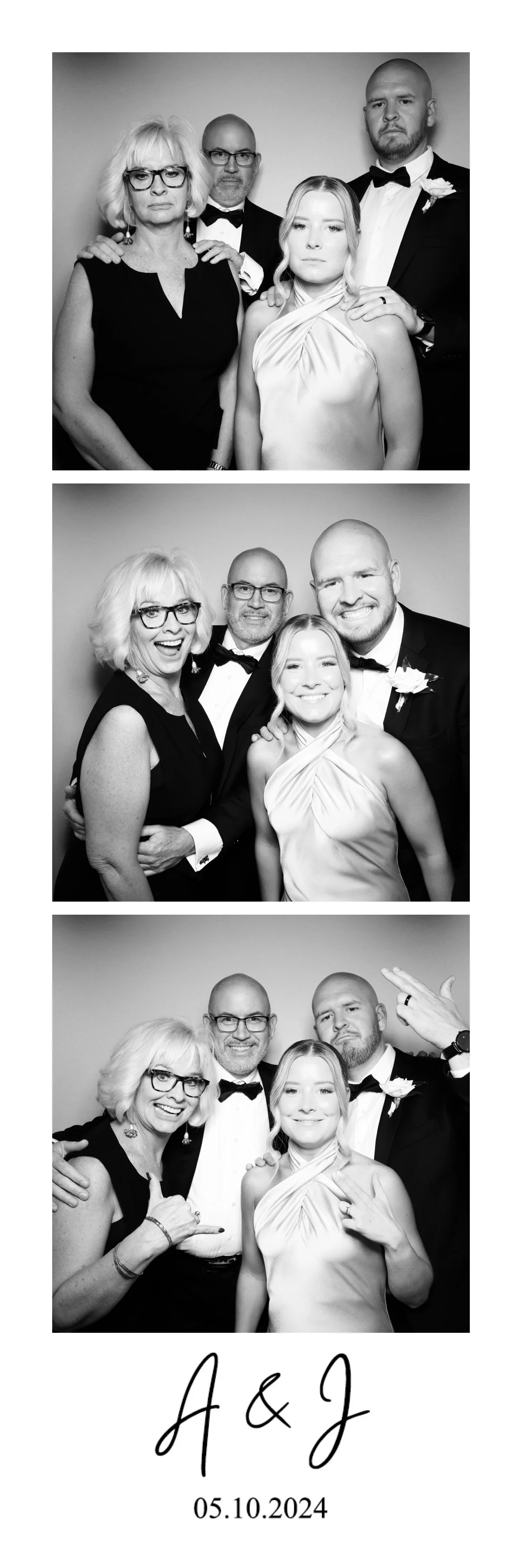 A three-panel black and white photo booth picture of four people dressed in formal attire, celebrating a wedding, with the date 05.10.2024 and initials A & J written below.