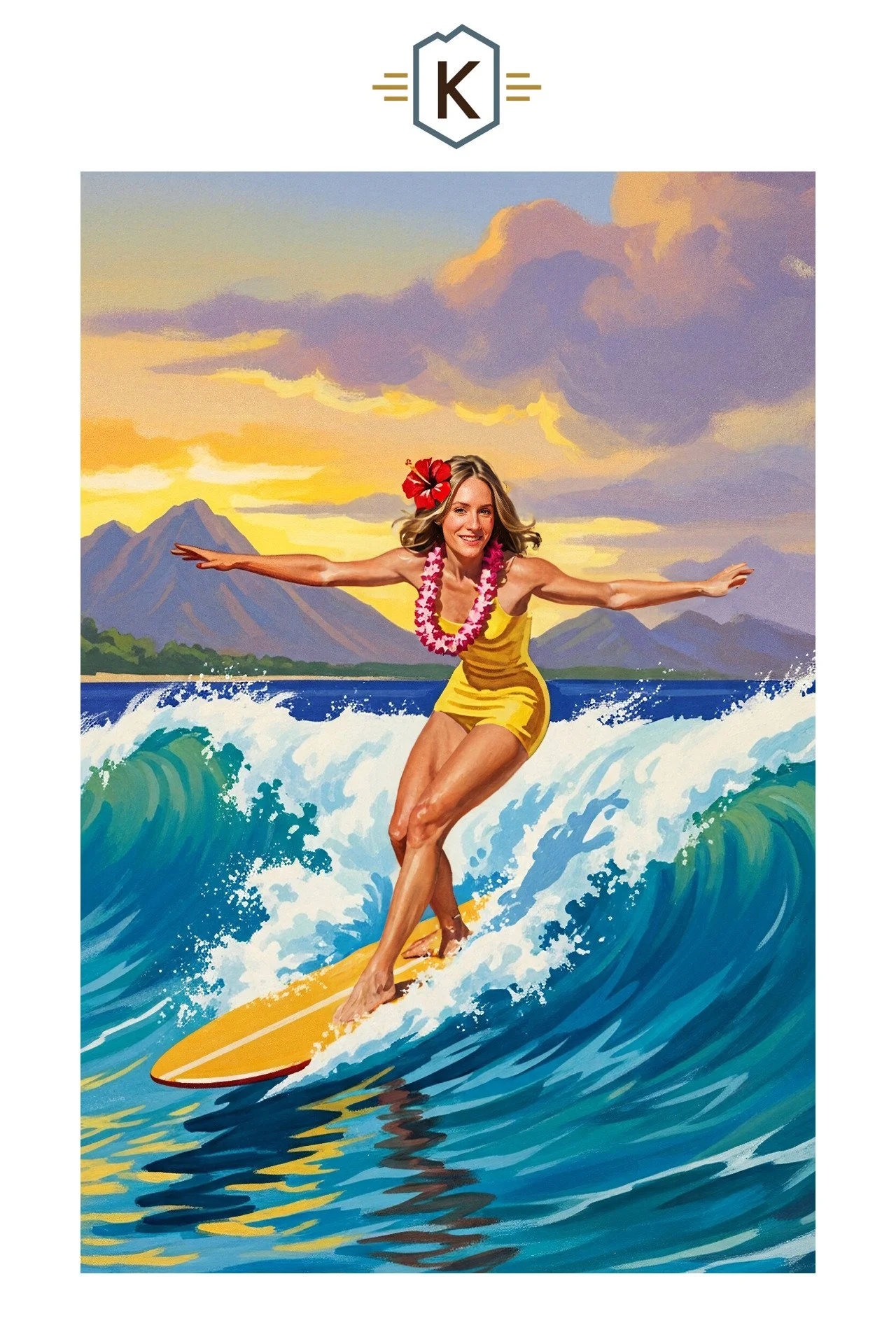 A woman with a flower in her hair and a lei around her neck surfing on a yellow surfboard in the ocean, with mountains and a sunset sky in the background.
