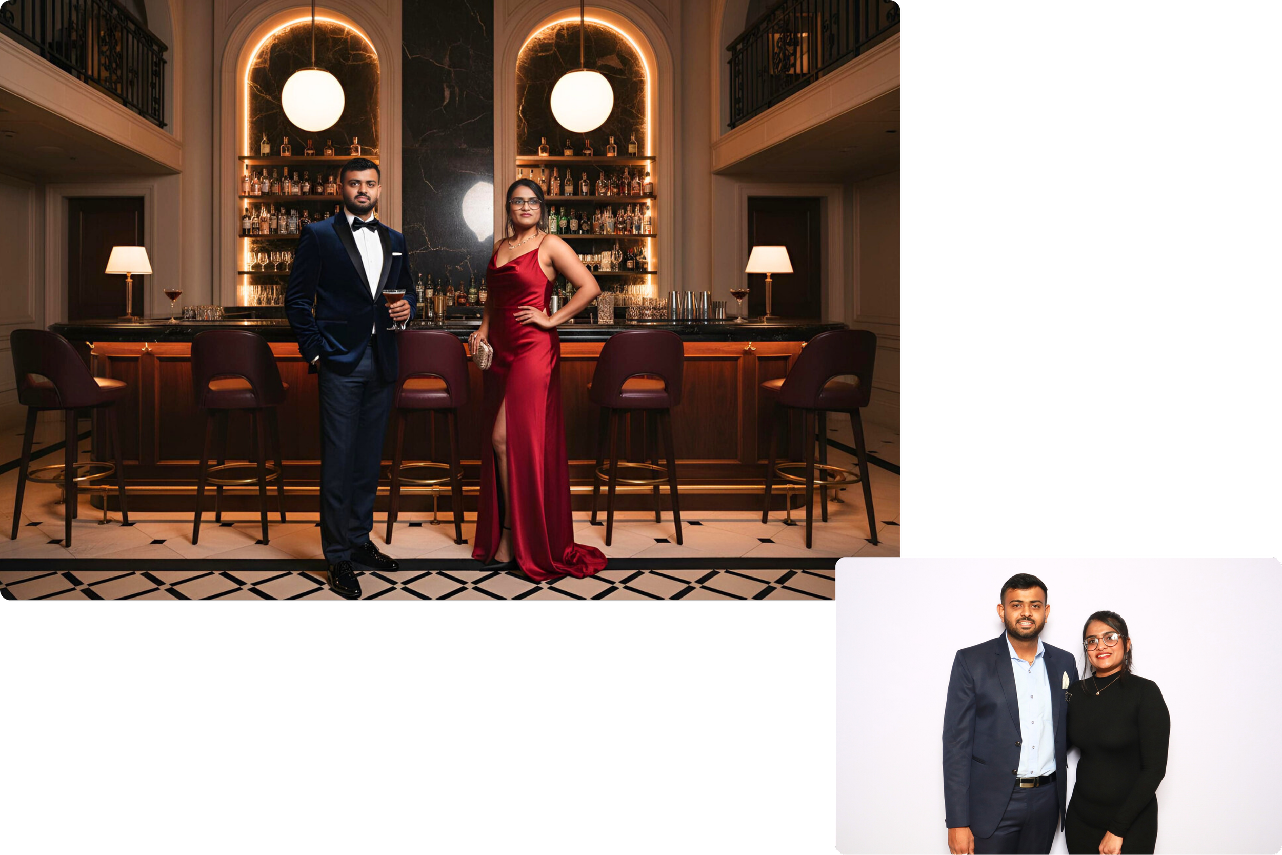 Two people in formal attire standing in front of a bar, with the man wearing a tuxedo and the woman in a red gown, holding drinks. In the inset, a man in a suit and a woman in a black dress stand close together against a white background.