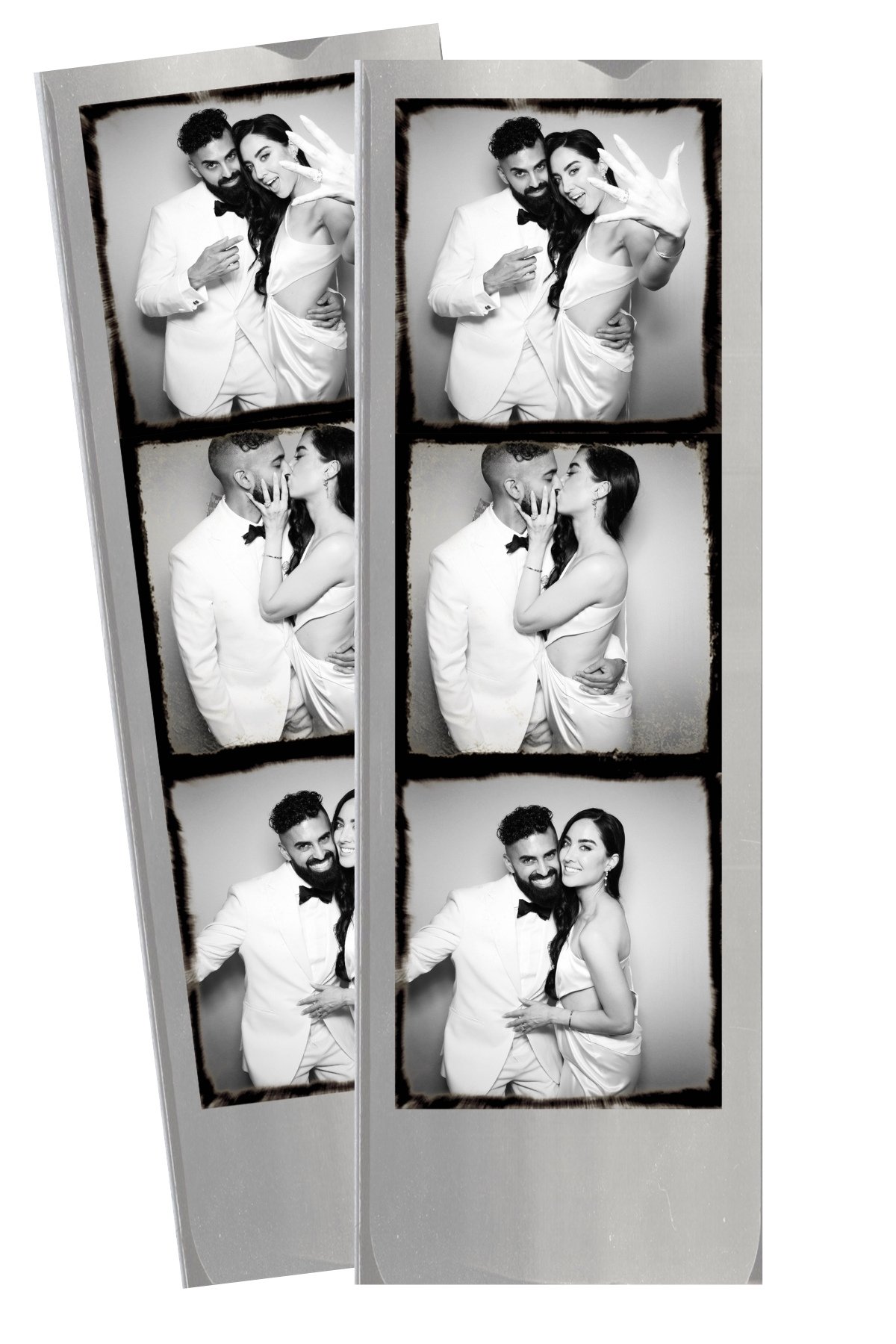 Photo booth strip with black and white images of a couple dressed in formal attire, posing and kissing at a celebration.