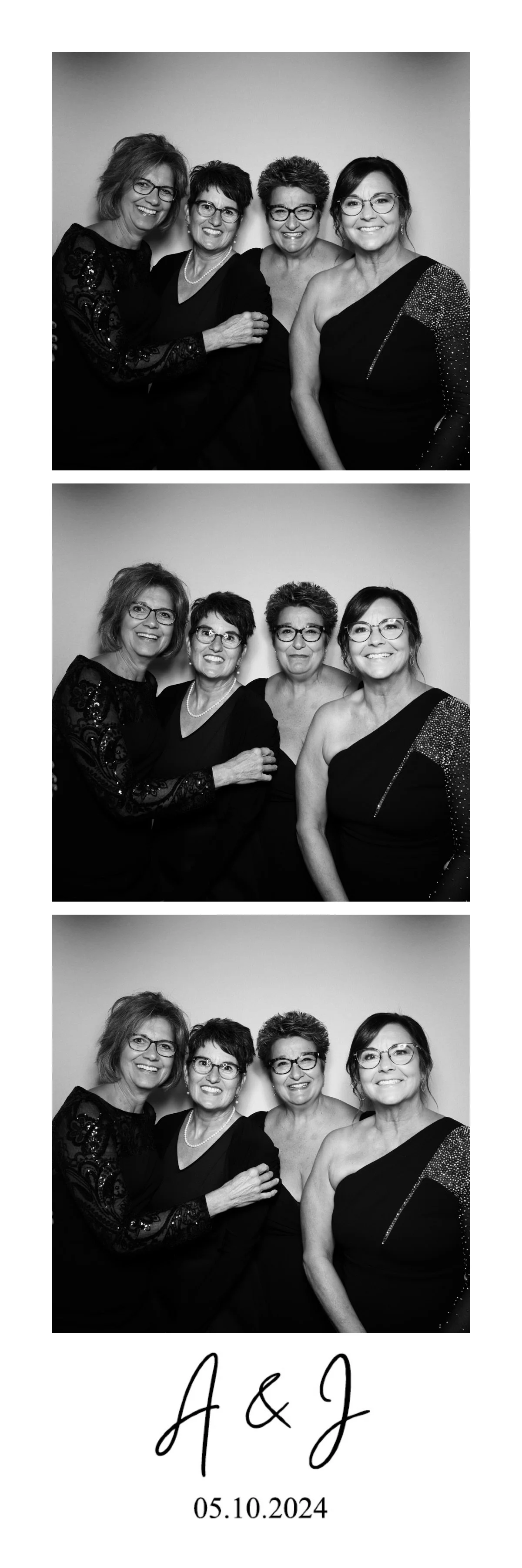 Series of three black-and-white photo booth pictures of four women with glasses, smiling and posing together. The bottom of the collage features initials 'A & J' and the date '05.10.2024'.