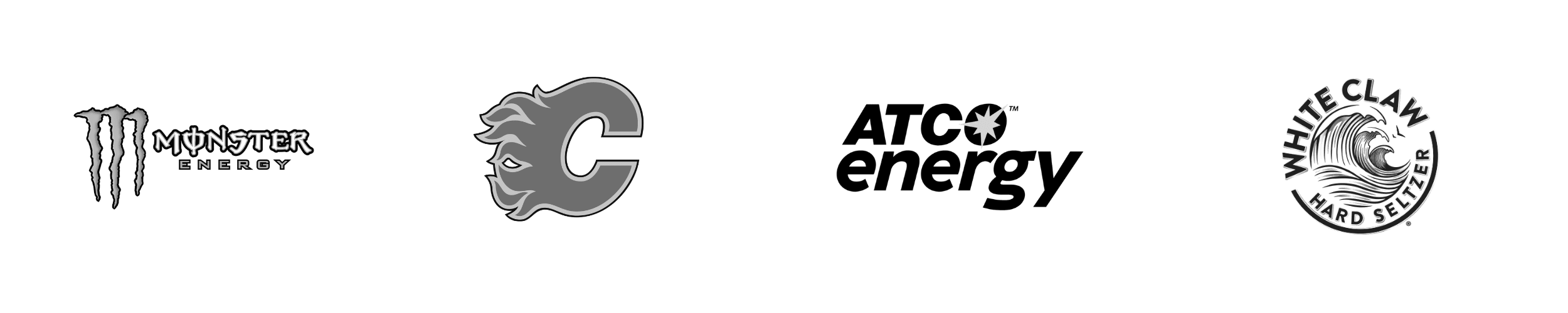 Logos of Monster Energy, a stylized 'C', ATC energy, and White Claw Hard Seltzer.