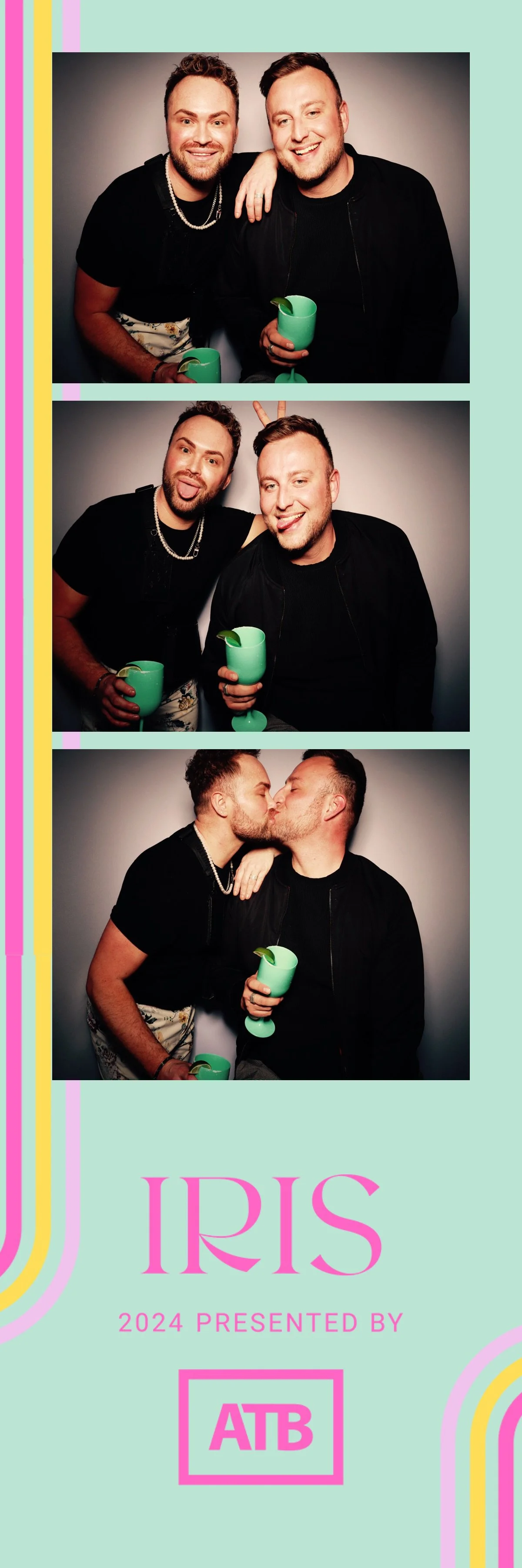 A photo strip of three images featuring two men at a party or event, holding light green drinks with lime slices. In the first image, they are smiling with one man's arm over the other's shoulder. In the second, they are making playful faces with the