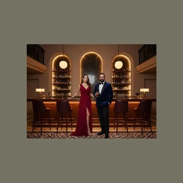 an ai image of a women and man in gala clothing in dramatically lit bar