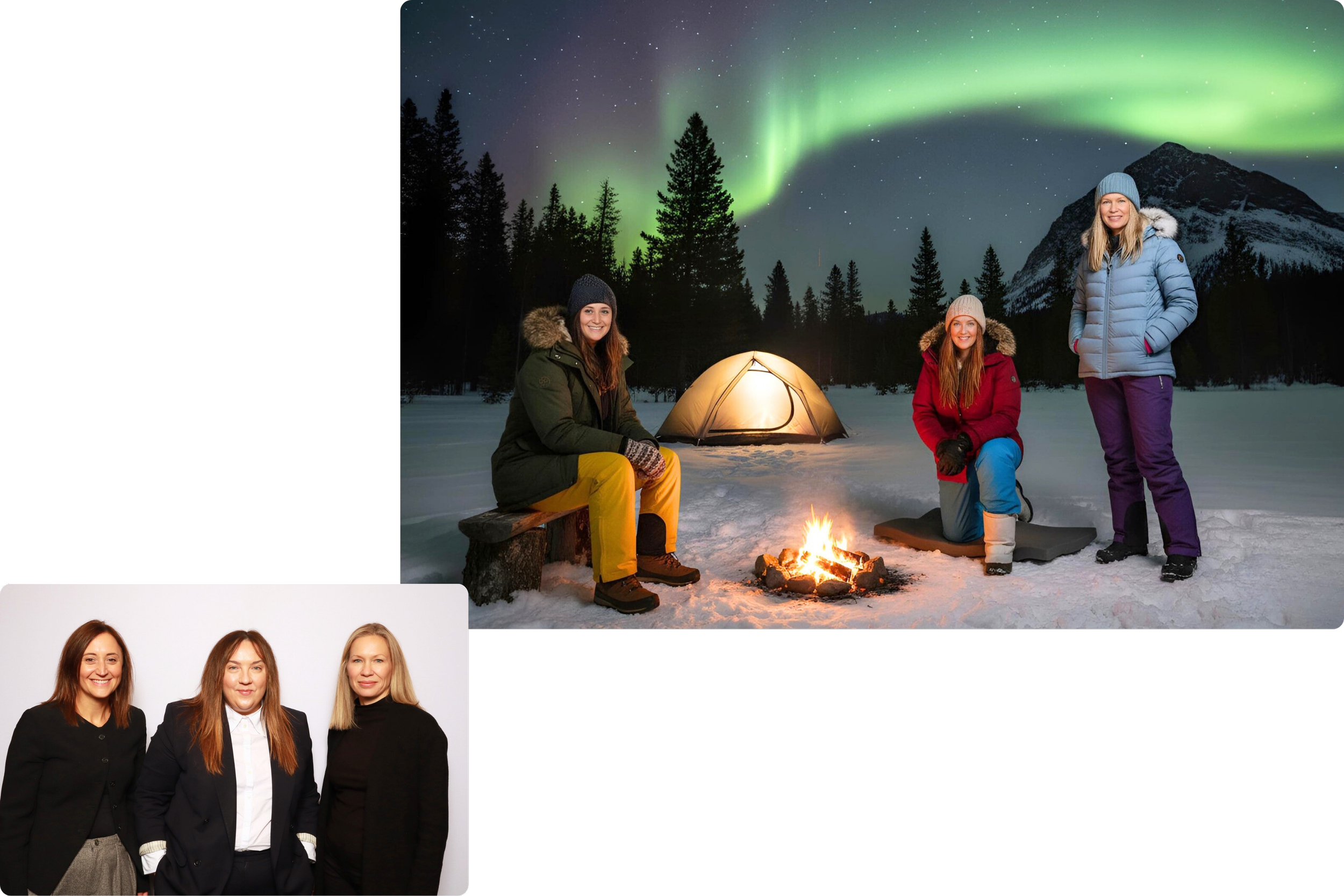 Three women dressed in winter clothing sitting or standing around a campfire in a snowy landscape at night, with a glowing tent and the Northern Lights in the sky.