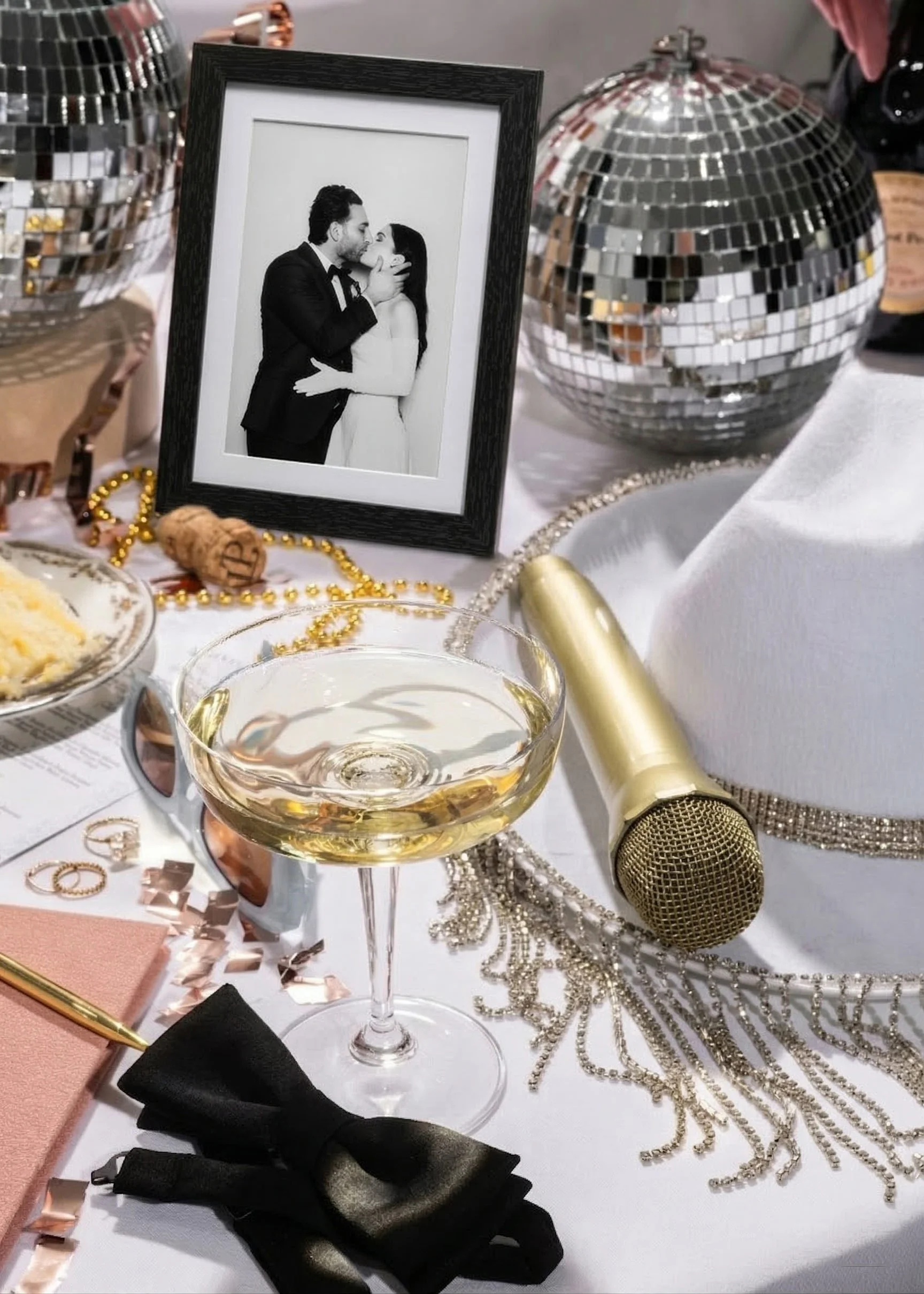 A decorated table with a framed black-and-white photo of a couple kissing, disco balls, a glass of champagne, a microphone, jewelry, and party items.