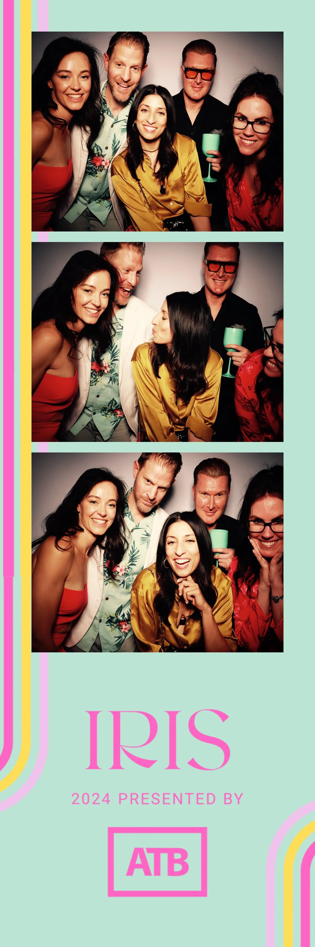 Photo booth strip with three pictures of five friends having fun, smiling, posing, and making silly faces, at an event called Iris 2024 presented by ATB.