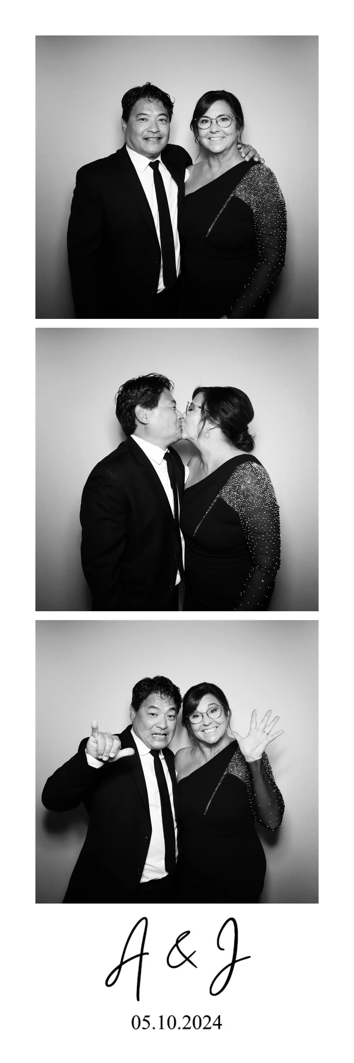 A series of three black-and-white photos of a couple in formal attire, with the woman wearing a dress with embellished sleeves. In the second photo, they are kissing, and in the third, they are smiling and waving. The bottom of the image has a handwr