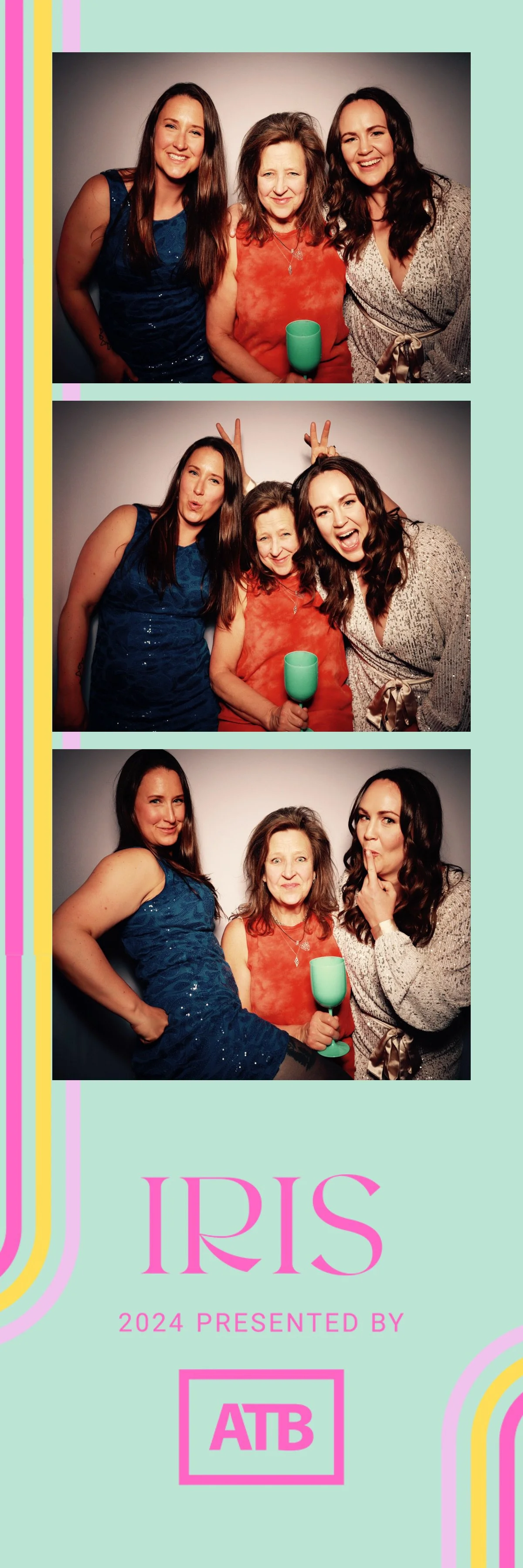 Three women in dresses taking fun photos with props at an event, with the top and middle images showing them smiling and making playful gestures, and the bottom image showing them with surprised expressions. The background is plain gray, and the even