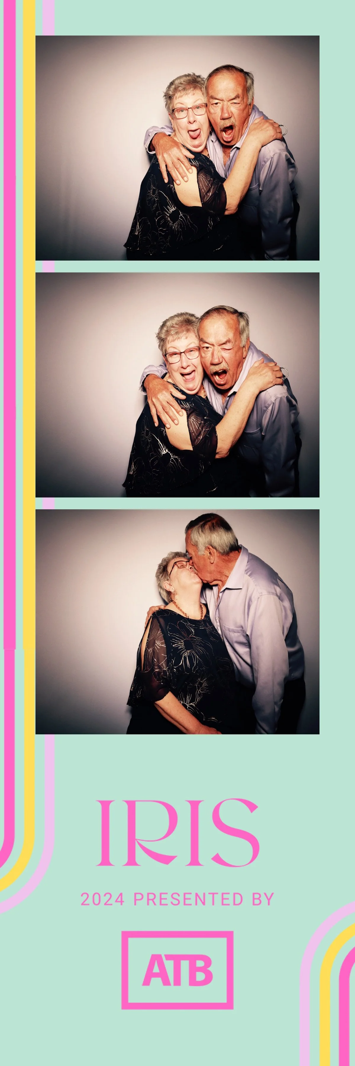 Three photo booth pictures of an elderly couple showing affection and joy. The top two pictures depict them hugging and expressing surprise or excitement, while the third picture shows them kissing each other on the lips. The background is plain, and