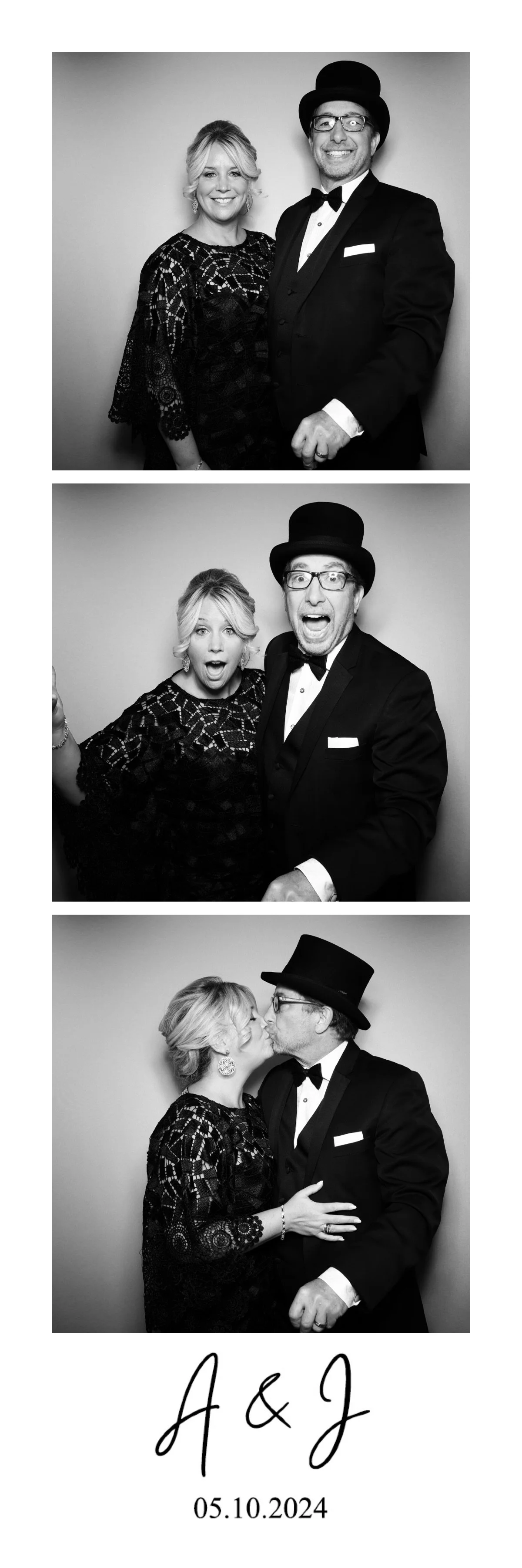 Three black and white photo booth pictures of a smiling woman and a man dressed in a tuxedo and top hat. The woman appears surprised and then kisses the man. The bottom of the photo shows initials "A & J" and the date "05.10.2024."