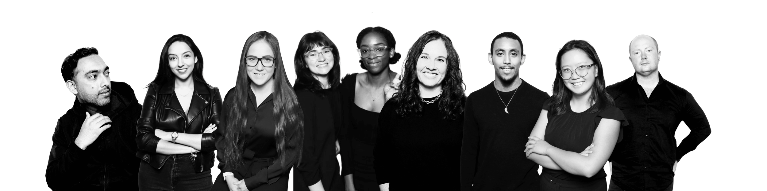Group of nine diverse young adults standing together, looking confident and smiling.