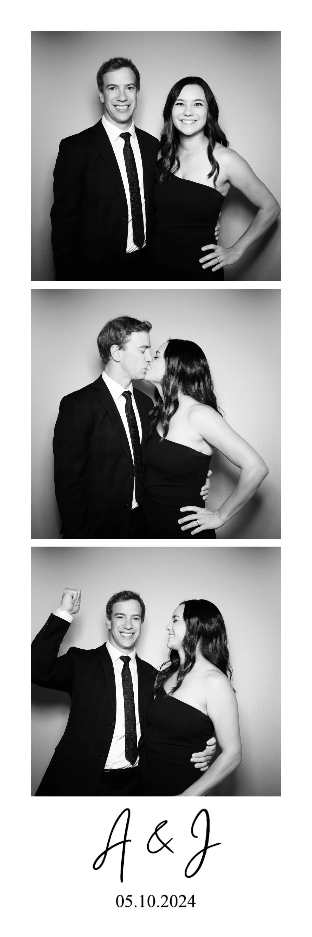Series of three black-and-white photo booth images of a couple in formal attire against a plain background, with the couple appearing happy, romantic, and celebratory, and a date and initials at the bottom.