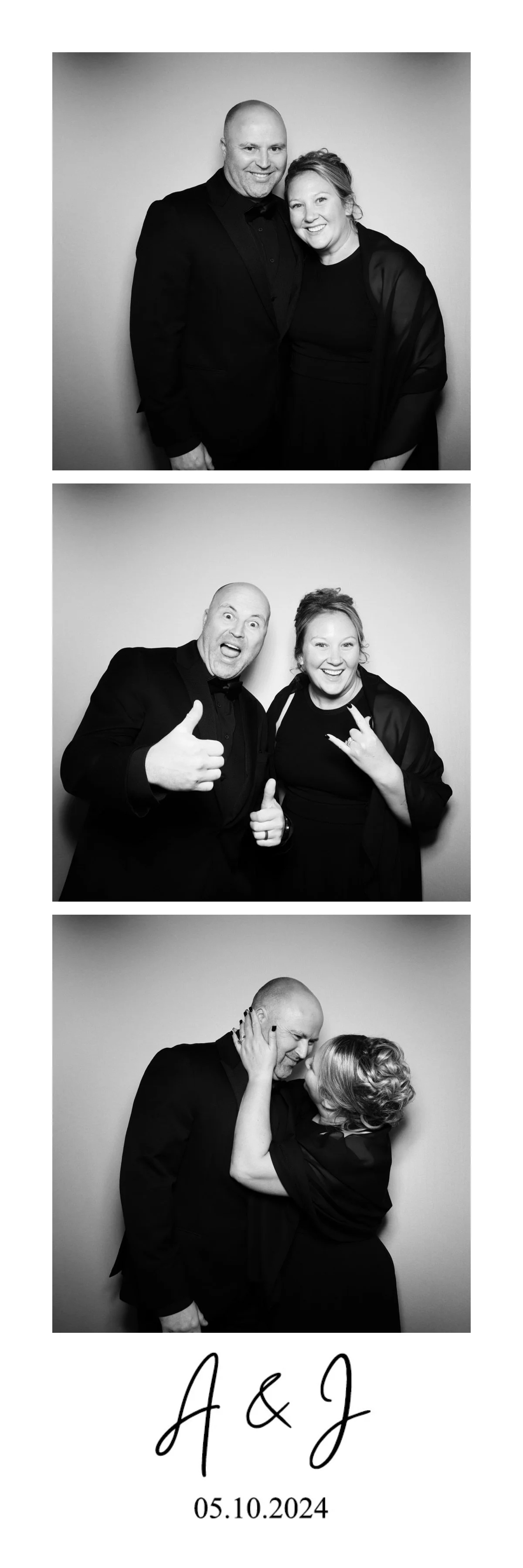 Series of three black and white photos of a couple dressed in formal attire at an event, with initials A & J and date 05.10.2024 at the bottom.