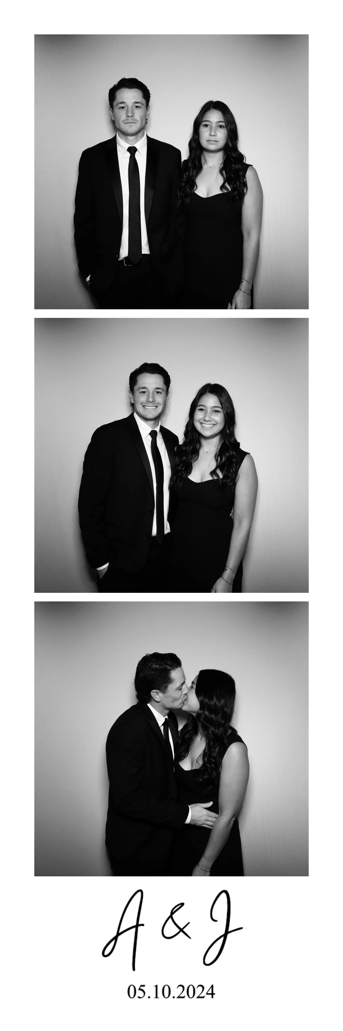 Photobooth images of a young couple with light skin, in formal attire. The first two images show them standing side by side, the man in a suit and the woman in a black dress. The third image shows them kissing. The bottom of the photo has text with i