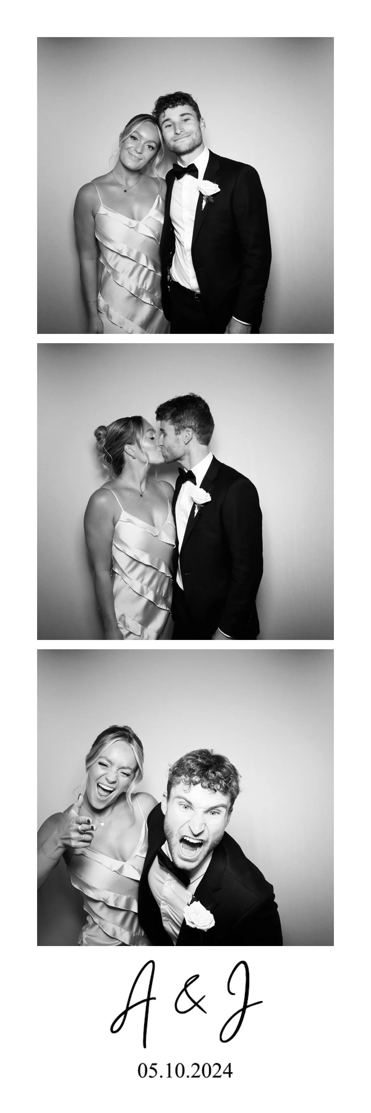 Three black and white photo booth images featuring a couple dressed in wedding attire. In the first image, the couple is smiling and standing close together. In the second, they are about to kiss. In the third, they are playful and smiling, with the 