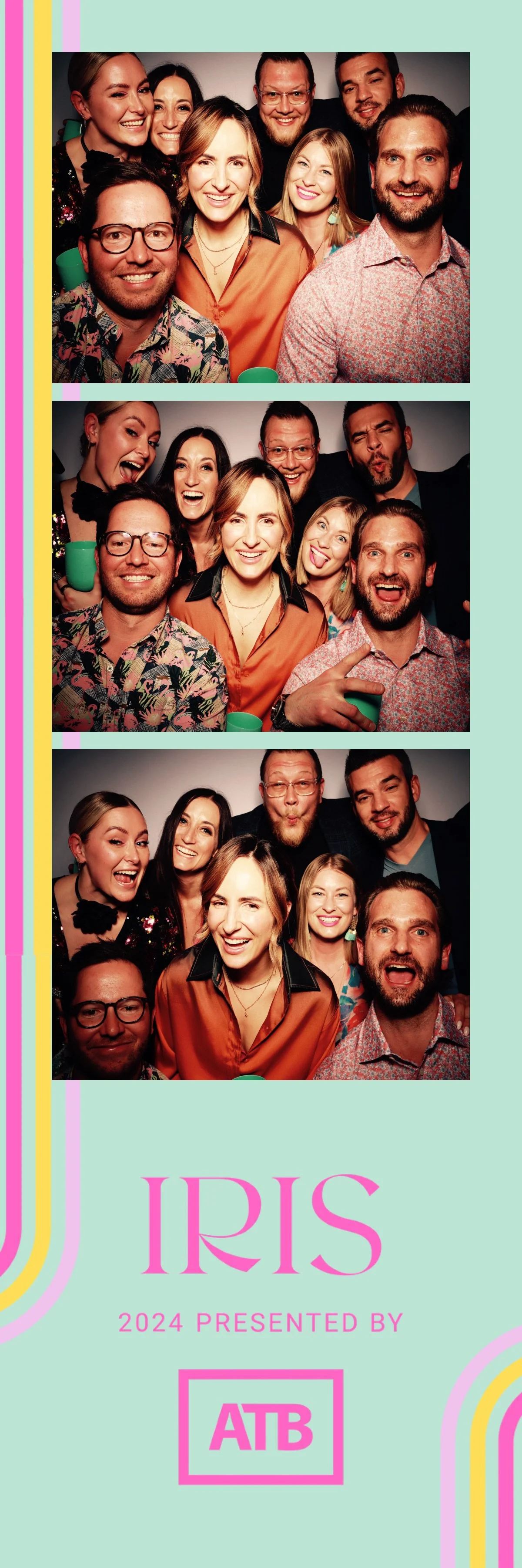 Three photo booth strips featuring a group of people at a festive event, showing smiling and playful expressions. The event is called Iris 2024, presented by ATB, indicated at the bottom of the image with colorful stripes and pastel background.