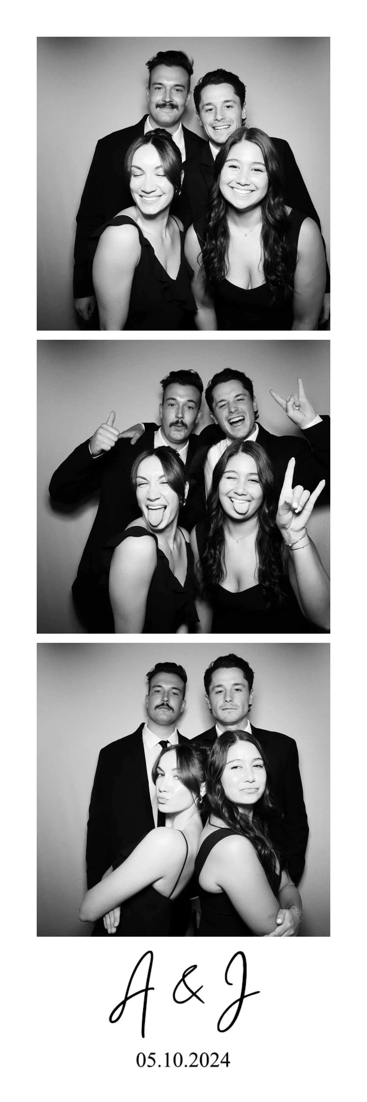 A photo strip featuring three black-and-white pictures of four young adults in formal attire at a photo booth, with the initials 'A & J' and the date '05.10.2024' at the bottom.
