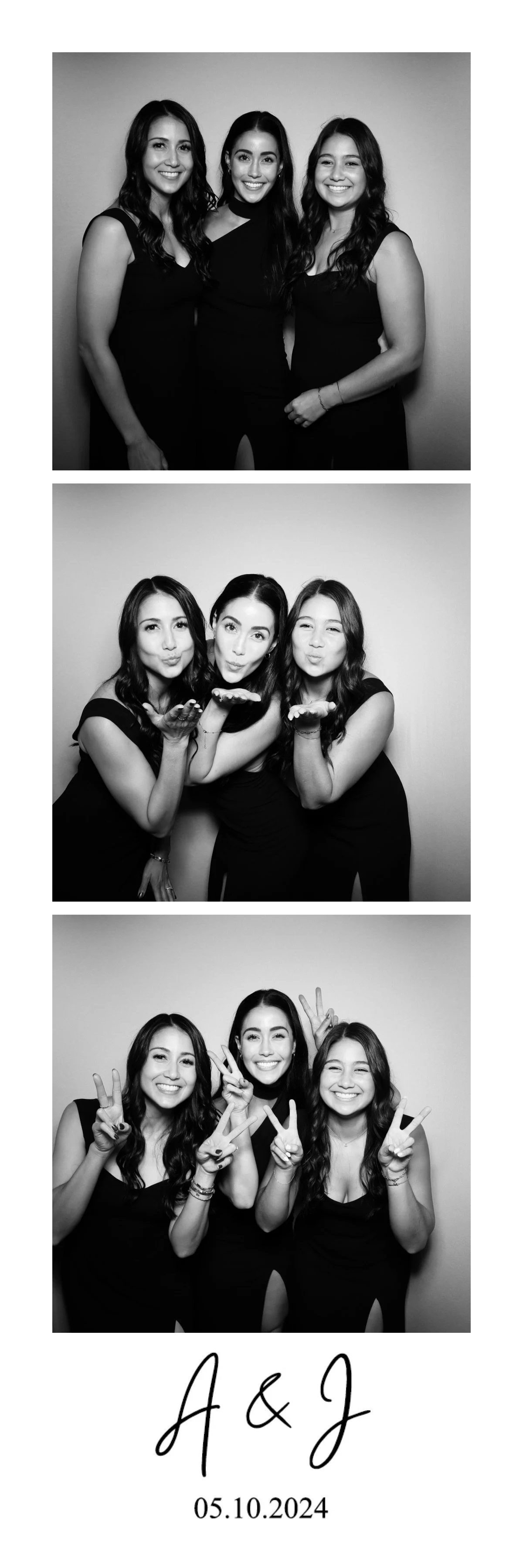 Three women in black dresses posing in a photo booth with different expressions and gestures, with the initials 'A & J' and date '05.10.2024' at the bottom.