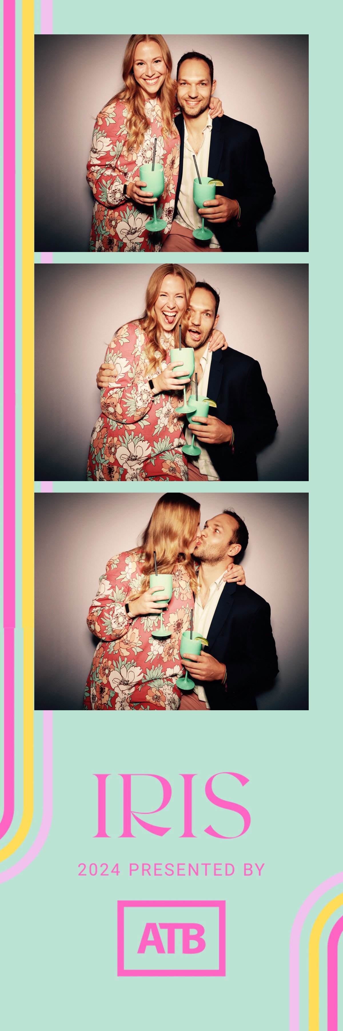 A photo booth strip with three pictures of a man and a woman with red hair at an event called IRIS 2024, presented by ATB. In the first photo, they are smiling and holding drinks. In the second, they are laughing, still holding drinks. In the third, 
