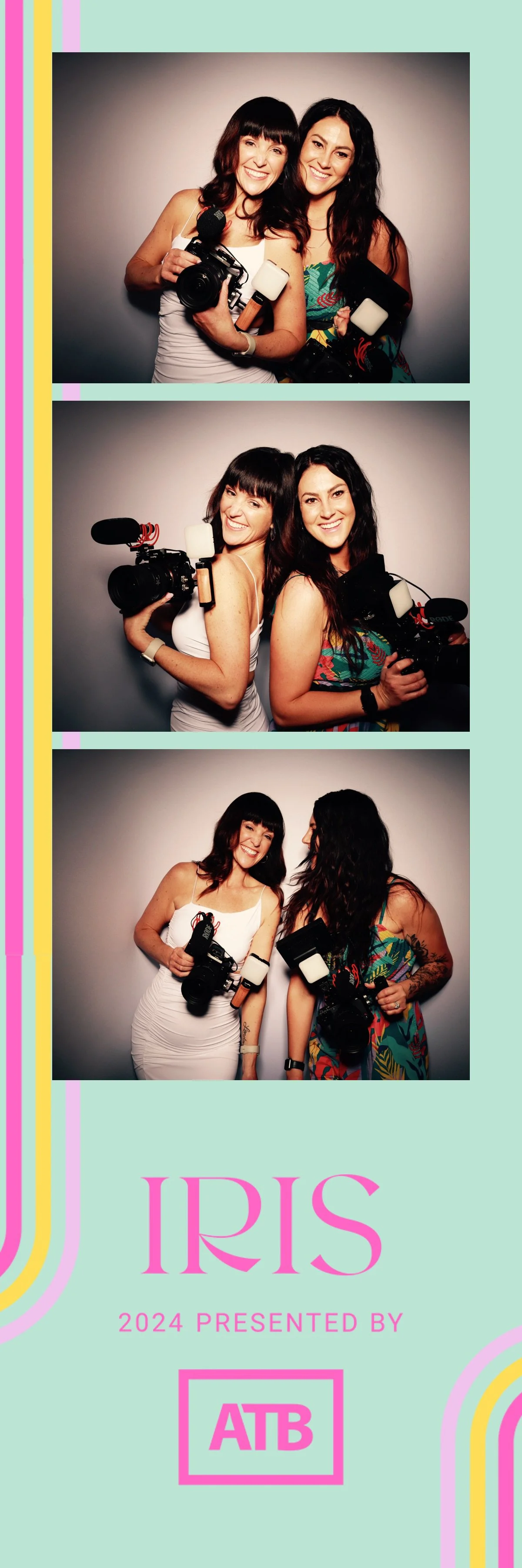 Three women posing with cameras in a photo booth. The top photo shows two women smiling, the middle photo features the same women with different expressions, and the bottom photo shows both women looking at each other and smiling. The booth has a pas