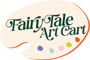 Fairy Tale Art Cart logo with stylized text inside an irregular shape and colorful paint splotches.